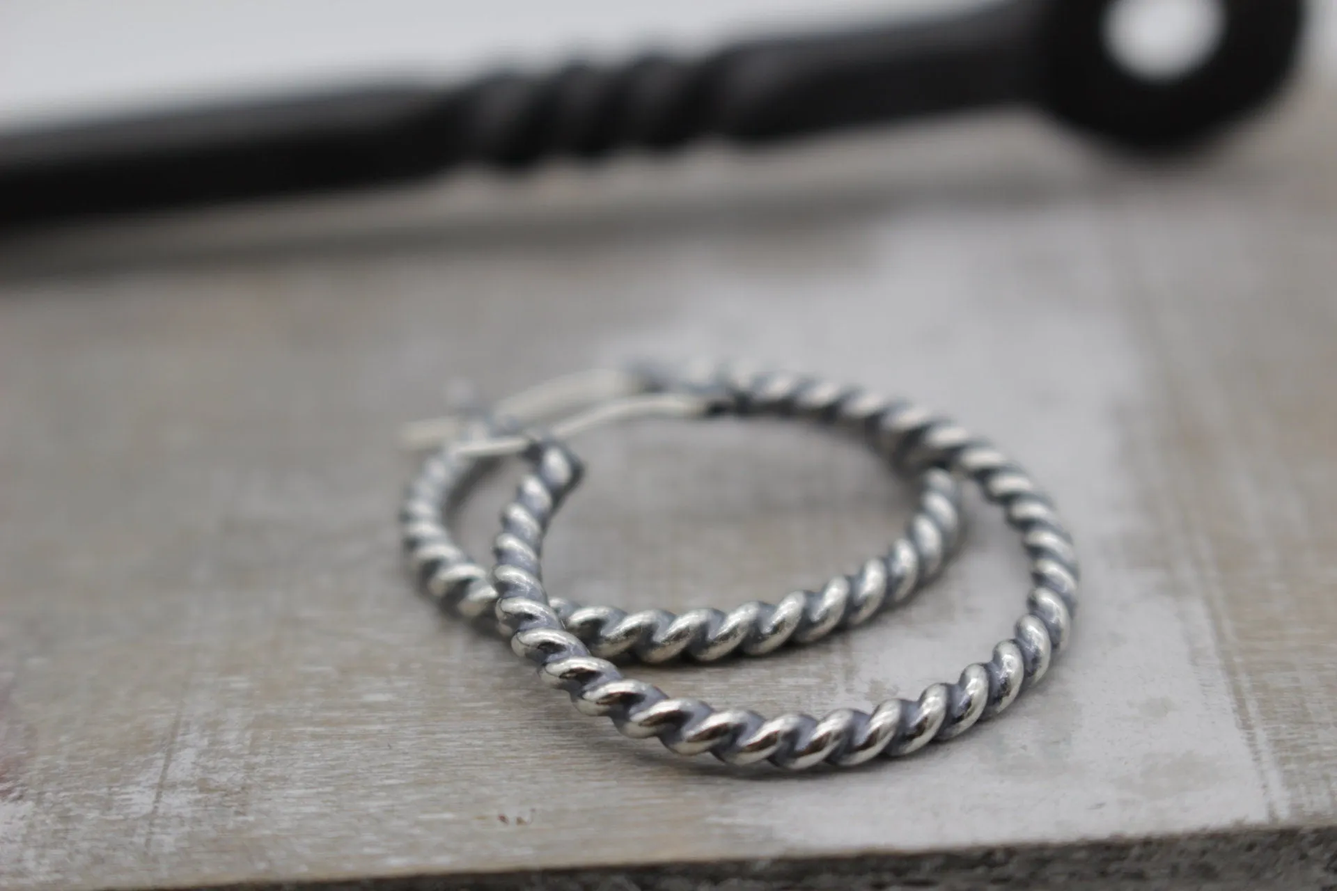 Twisted Hoop Earrings - Sterling silver rustic hoop earrings - one inch hoops - gift for her - boho - hoop earrings