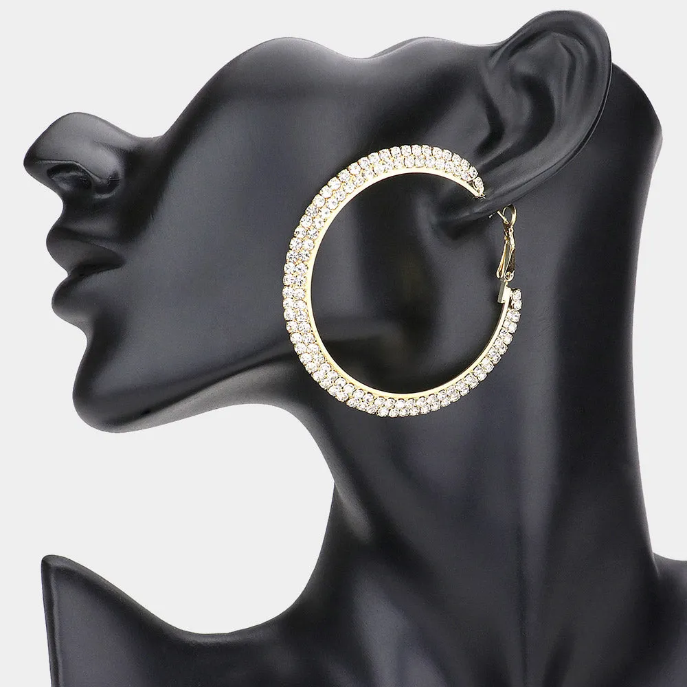Two Row Crystal Hoop Earrings on Gold | 2.3" | 145978