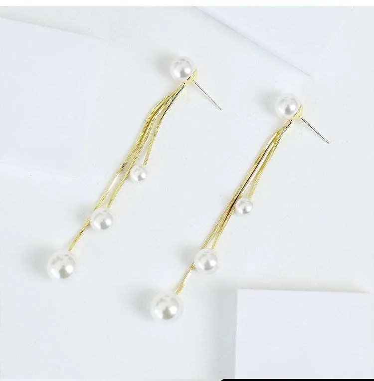 Unique Three Tassels Pearl Earrings