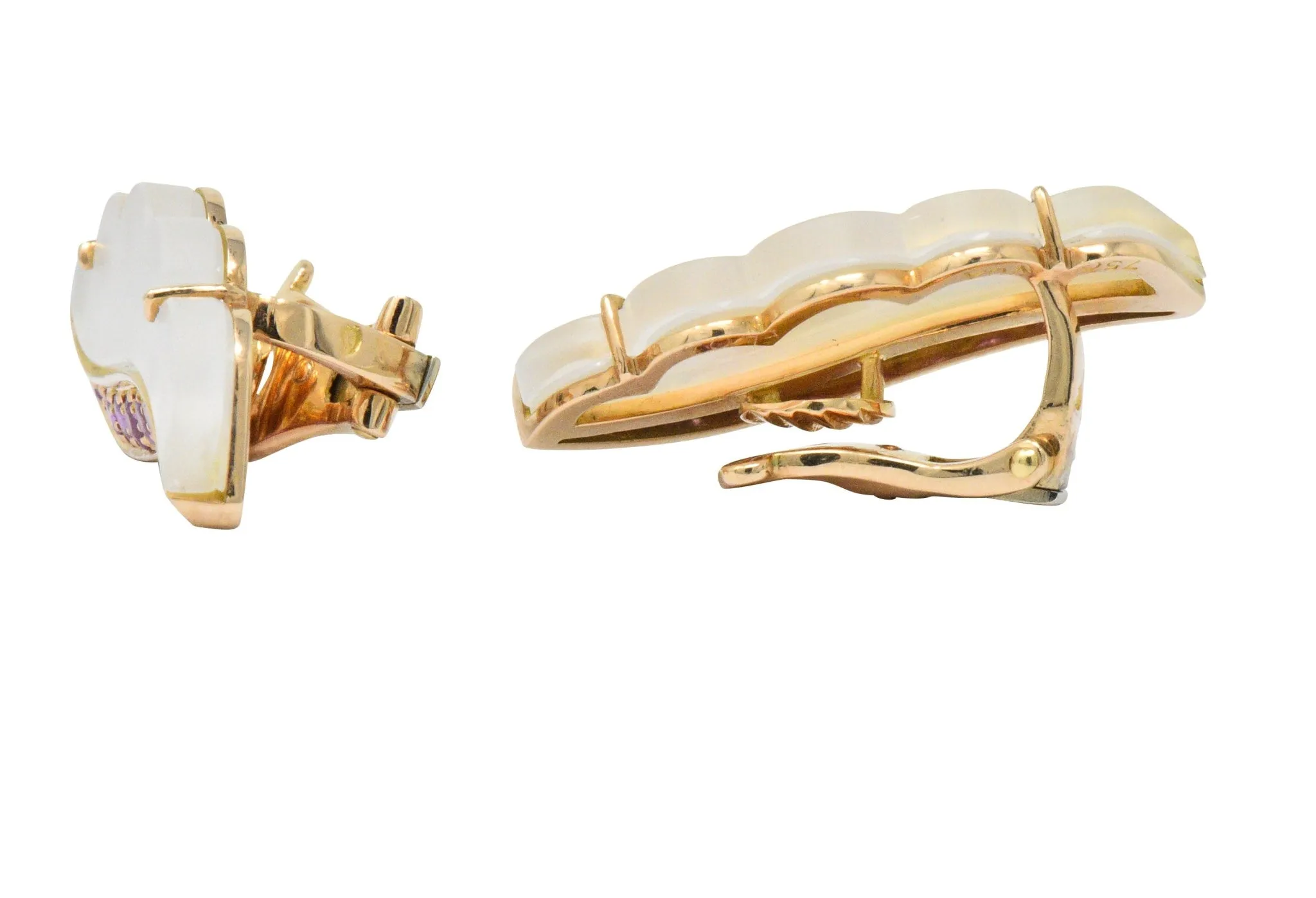 Van Cleef & Arpels 1.05 CTW Pink Sapphire Rock Crystal Mother Of Pearl 18 Karat Gold Ear-Clips Earrings