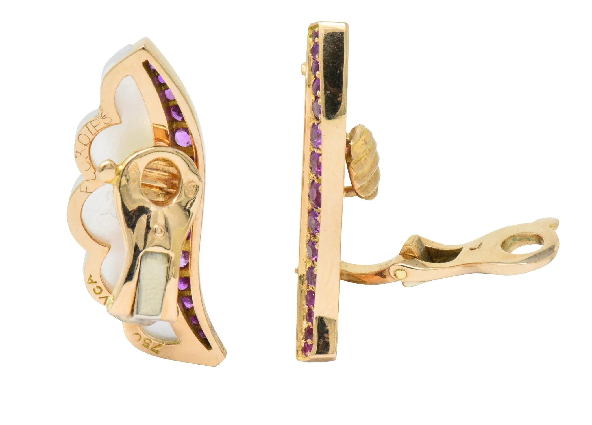 Van Cleef & Arpels 1.05 CTW Pink Sapphire Rock Crystal Mother Of Pearl 18 Karat Gold Ear-Clips Earrings