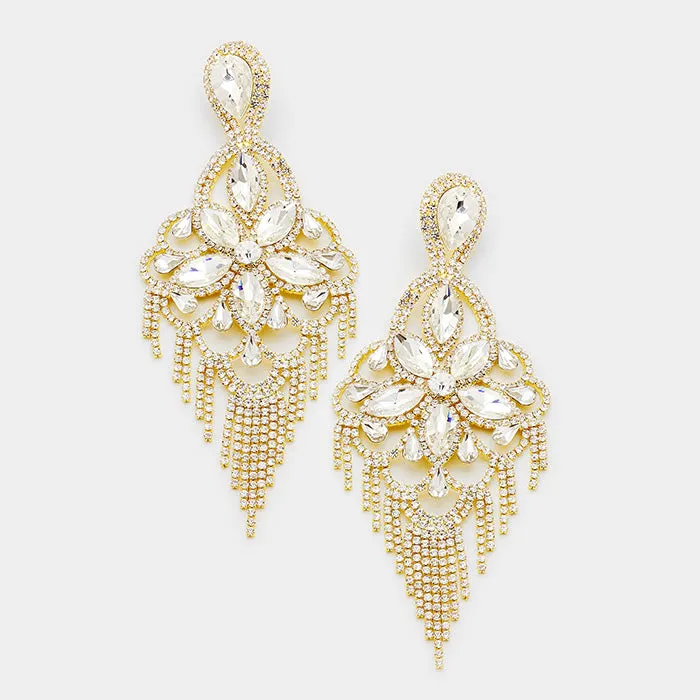 Very Large Light Weight Crystal Flower Fringe Earrings on Gold | 540173