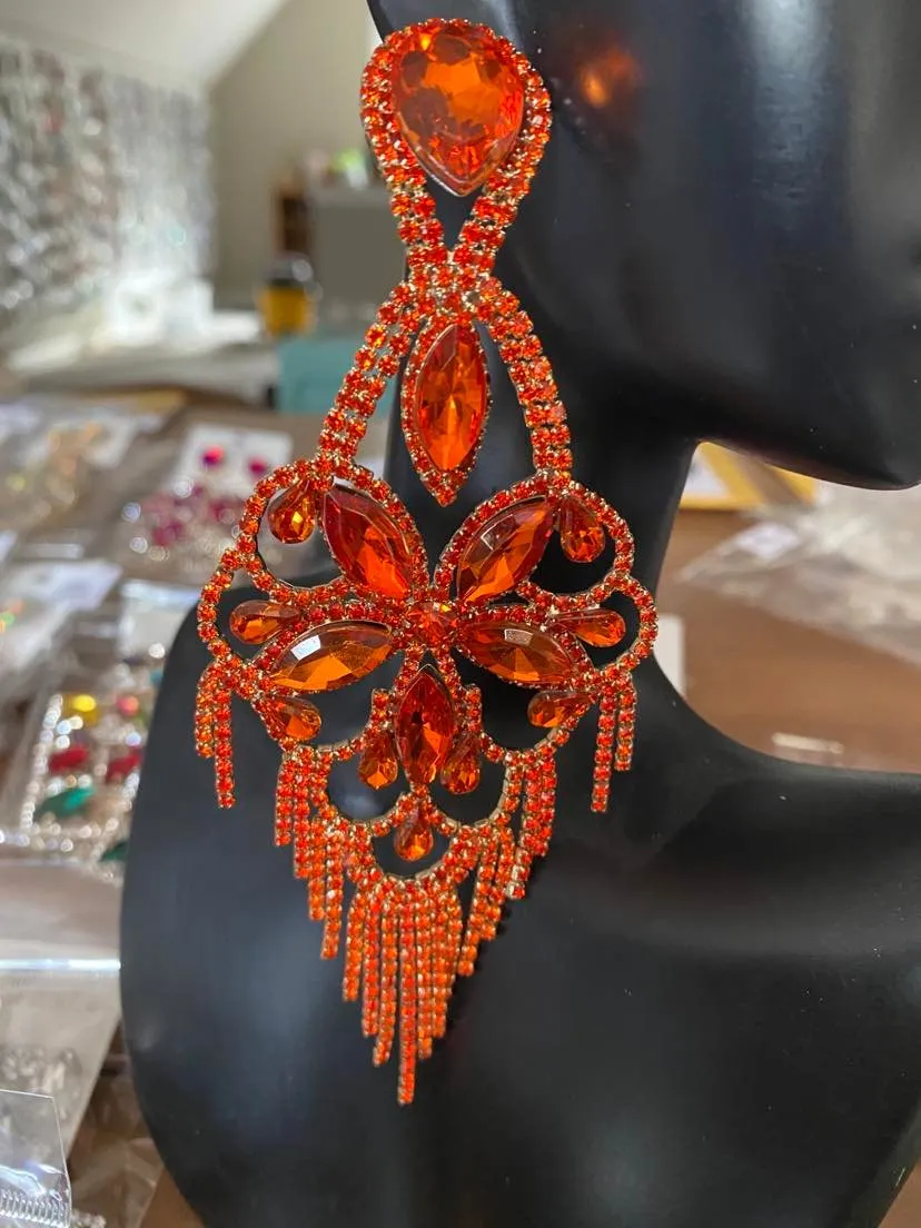 Very Large Light Weight Crystal Flower Fringe Earrings on Gold | 540173