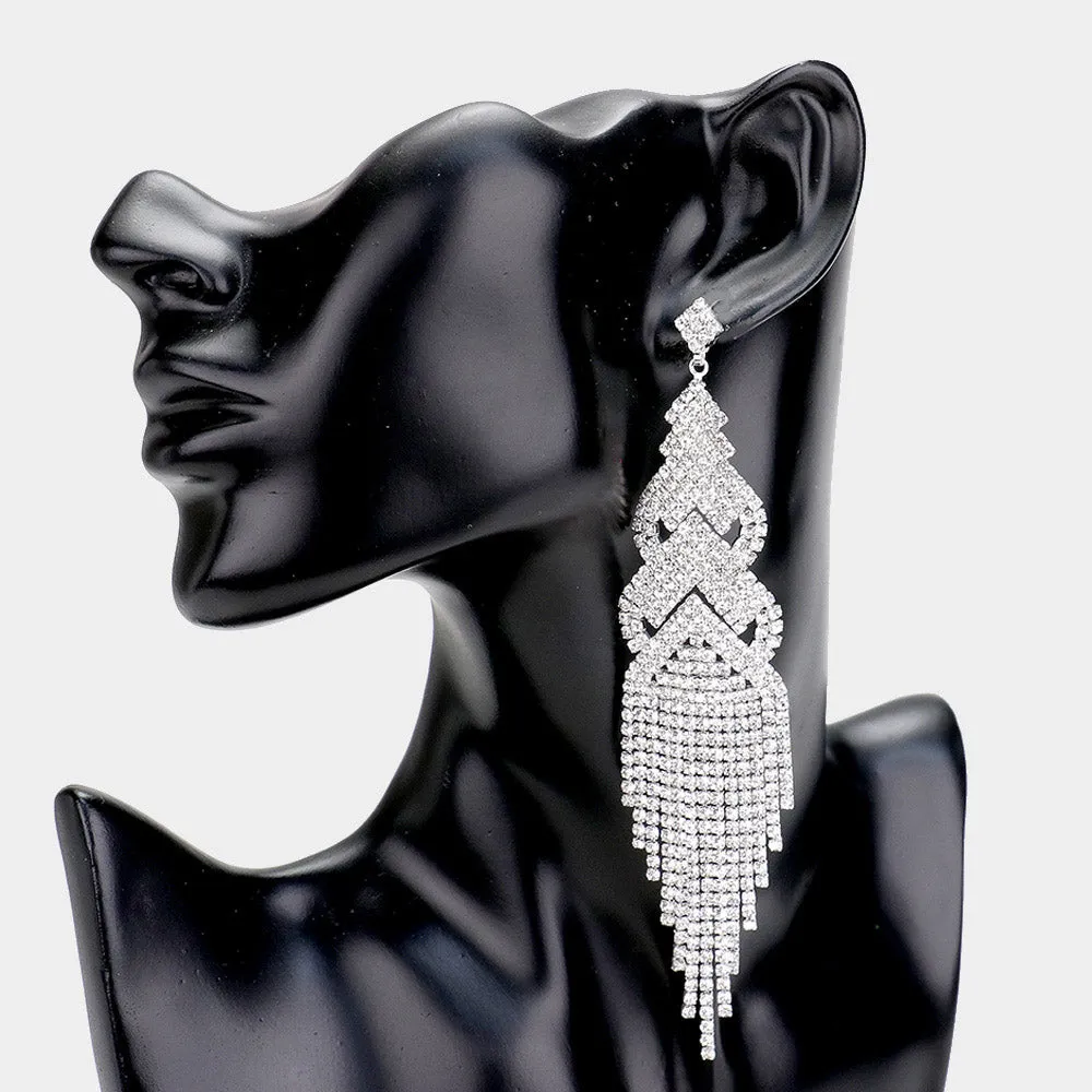 Very Long Clear Crystal Rhinestone Long Fringe Pageant Earrings | Statement Earrings | 447117
