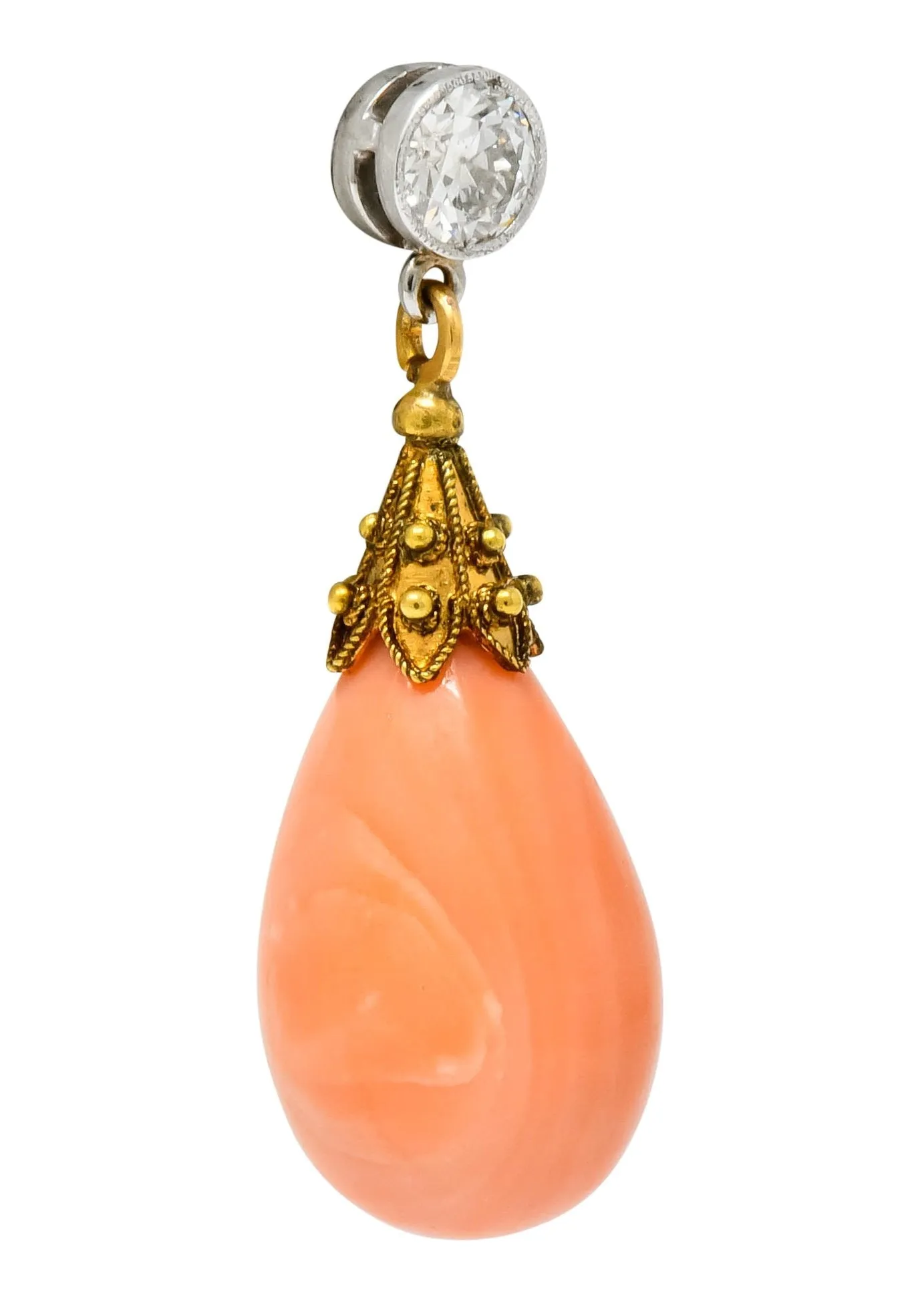 Victorian Diamond Coral Platinum 14 Karat Gold Drop Earrings