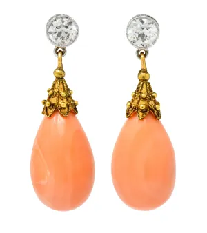Victorian Diamond Coral Platinum 14 Karat Gold Drop Earrings