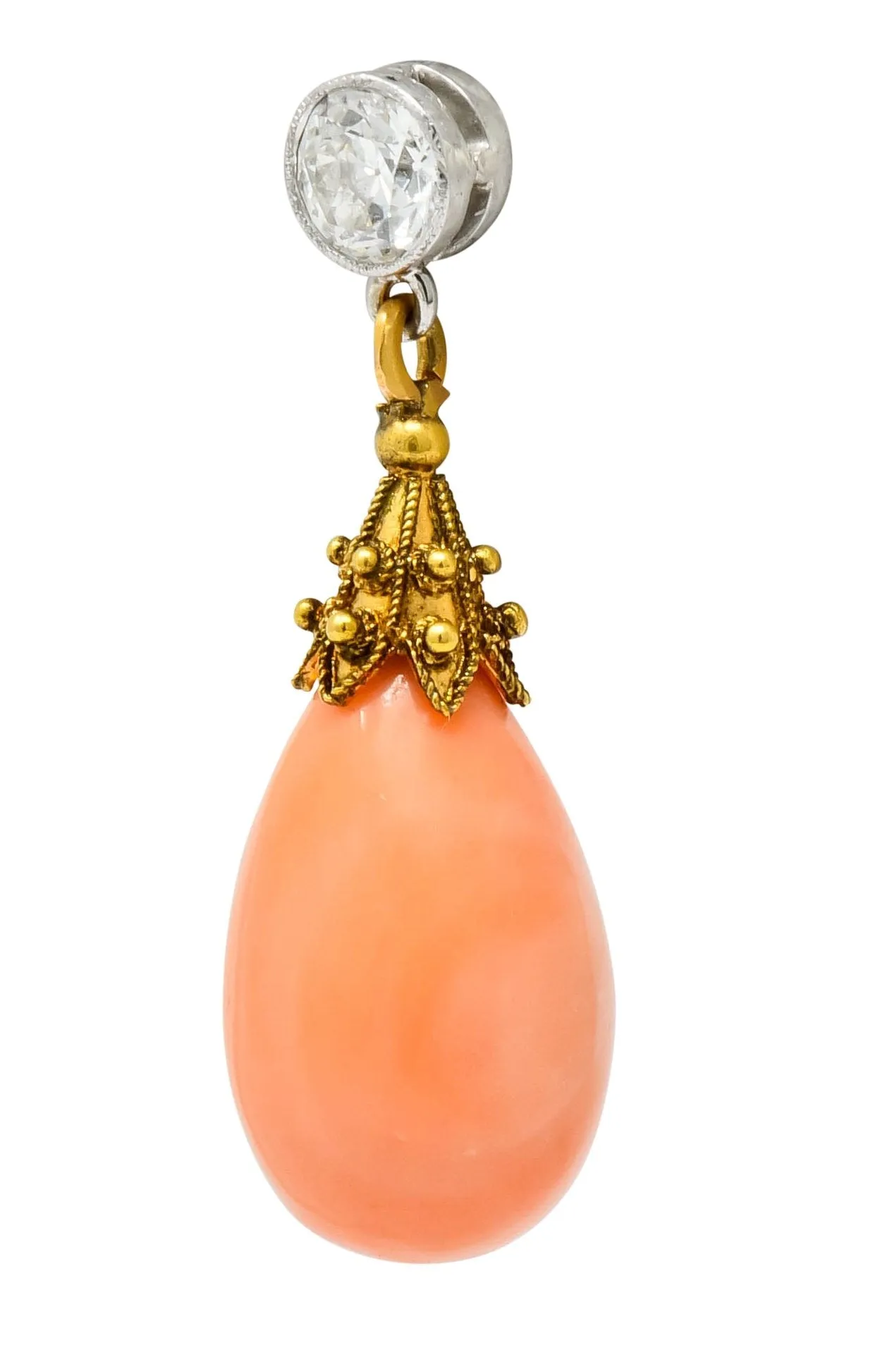 Victorian Diamond Coral Platinum 14 Karat Gold Drop Earrings