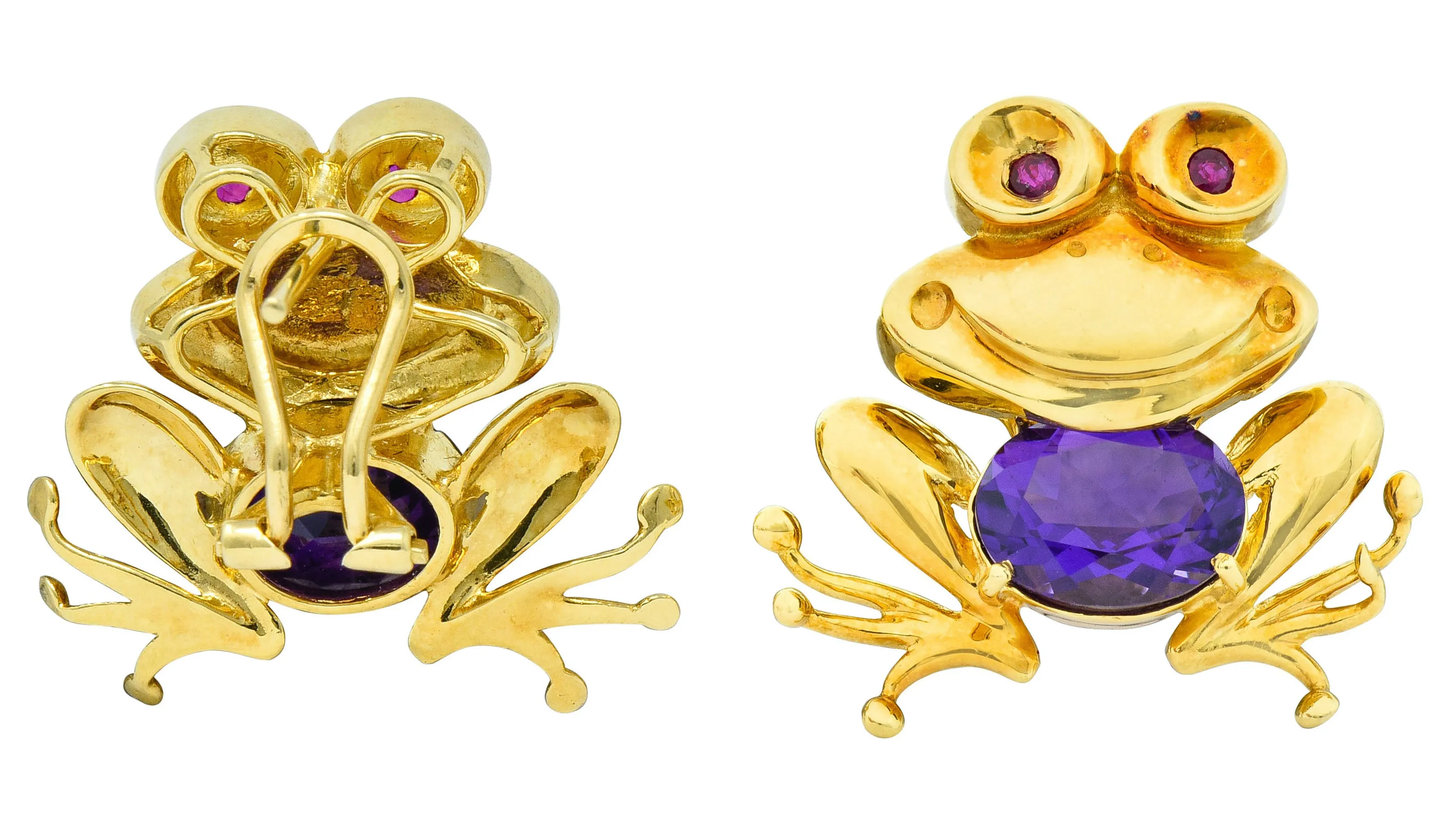 Vintage Amethyst 18 Karat Gold Frog Earrings Circa 1960s