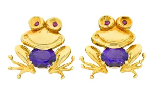 Vintage Amethyst 18 Karat Gold Frog Earrings Circa 1960s