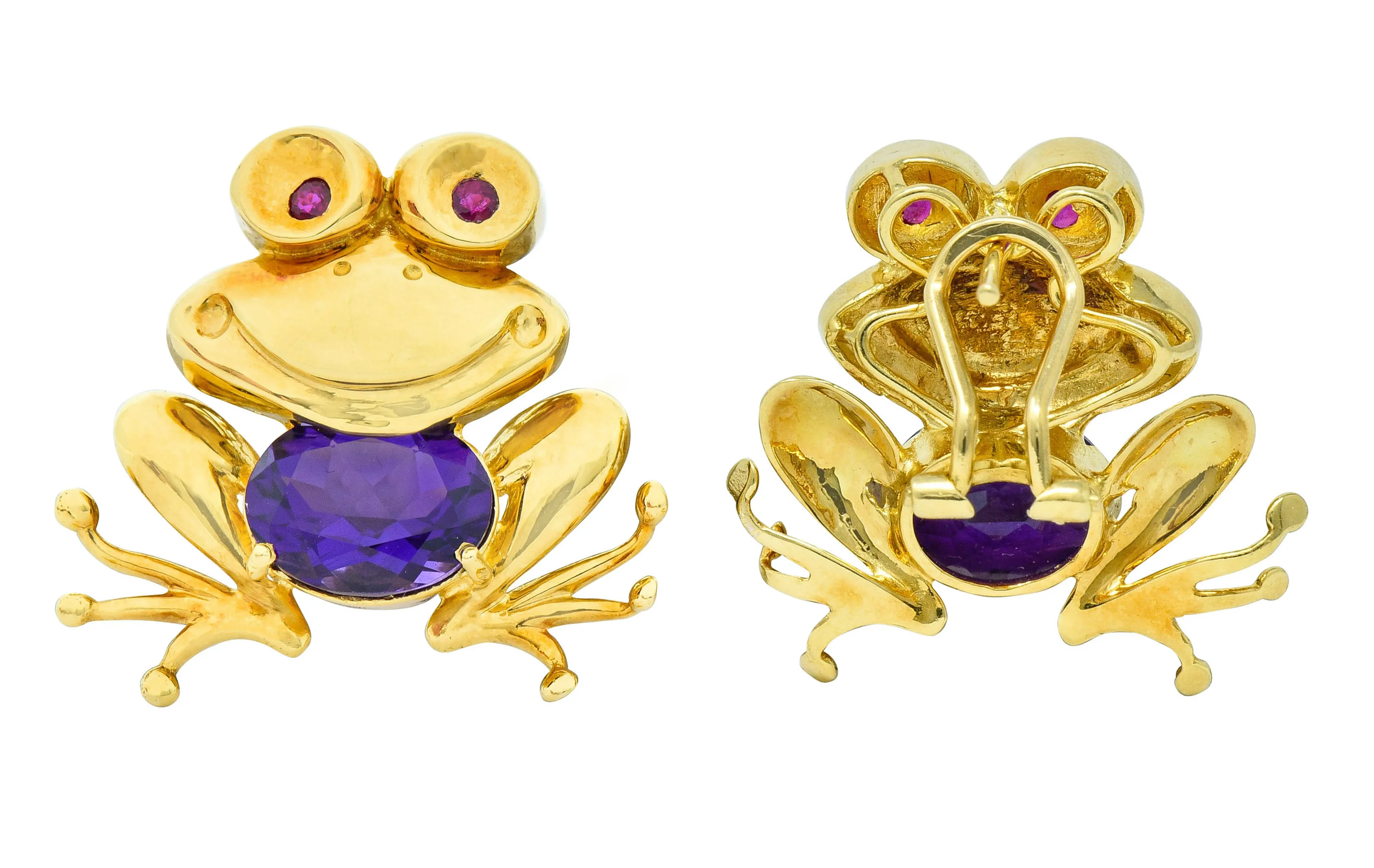 Vintage Amethyst 18 Karat Gold Frog Earrings Circa 1960s