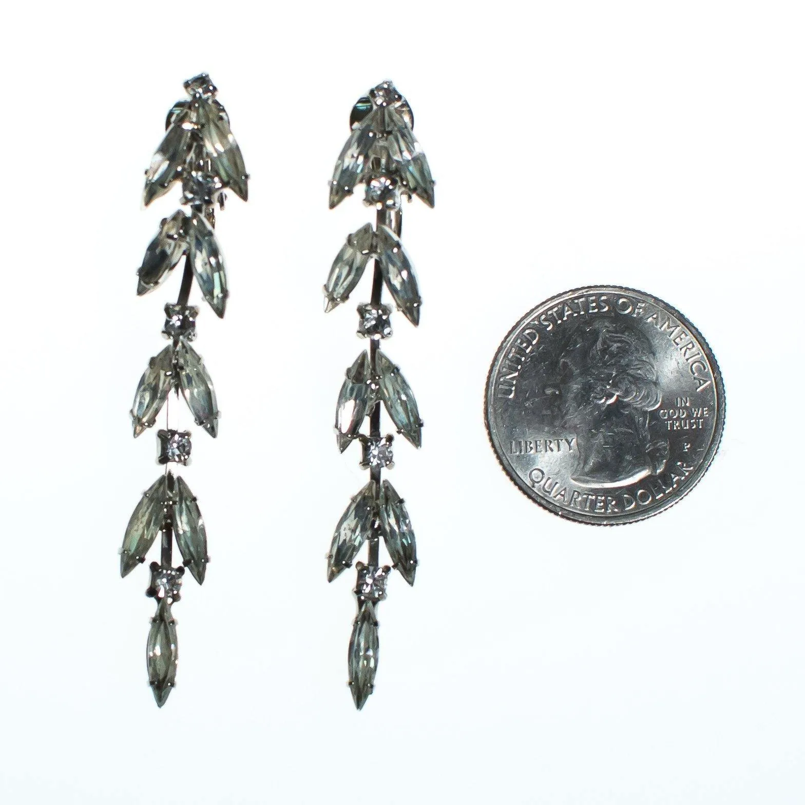 Vintage Art Deco Marquise Crystal Drop Statement Earrings, Clip On, Old Hollywood Glam