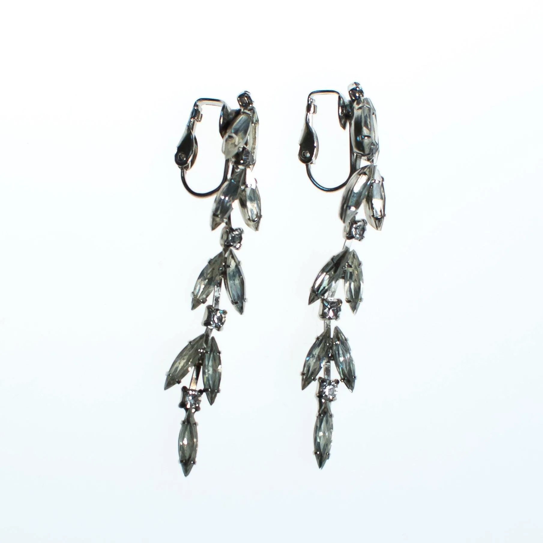 Vintage Art Deco Marquise Crystal Drop Statement Earrings, Clip On, Old Hollywood Glam
