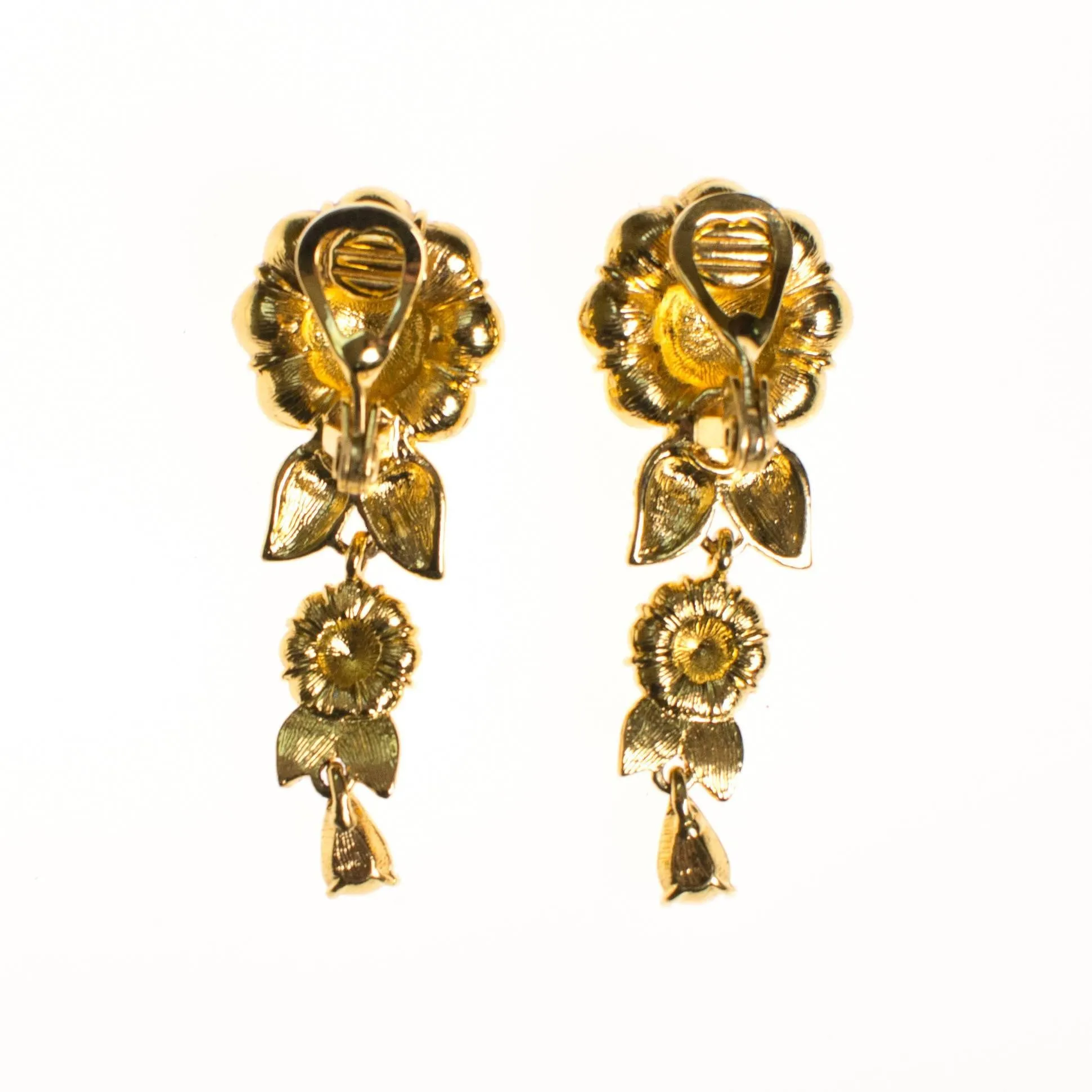 Vintage Camelia Flower Crystal Rhinestones Dangling Statement Earrings, Clip On