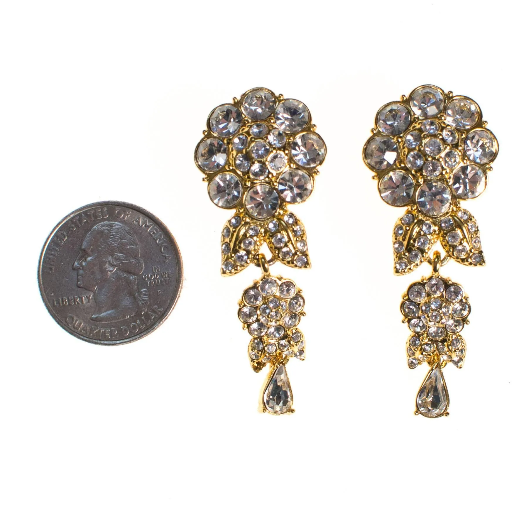 Vintage Camelia Flower Crystal Rhinestones Dangling Statement Earrings, Clip On
