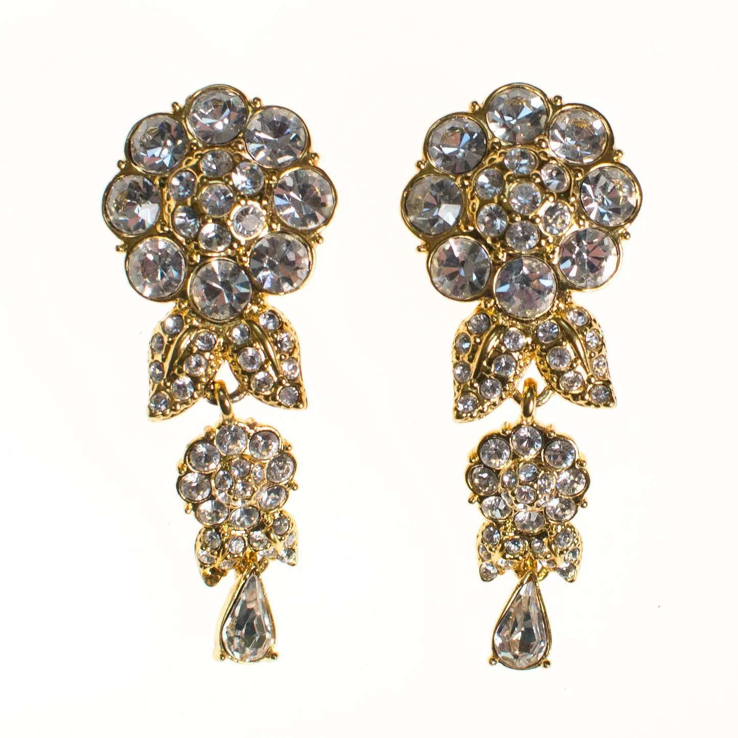 Vintage Camelia Flower Crystal Rhinestones Dangling Statement Earrings, Clip On