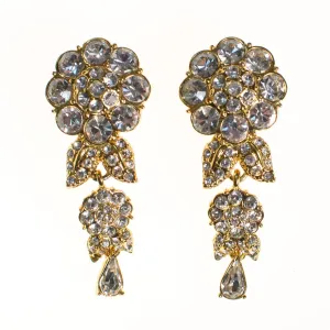 Vintage Camelia Flower Crystal Rhinestones Dangling Statement Earrings, Clip On