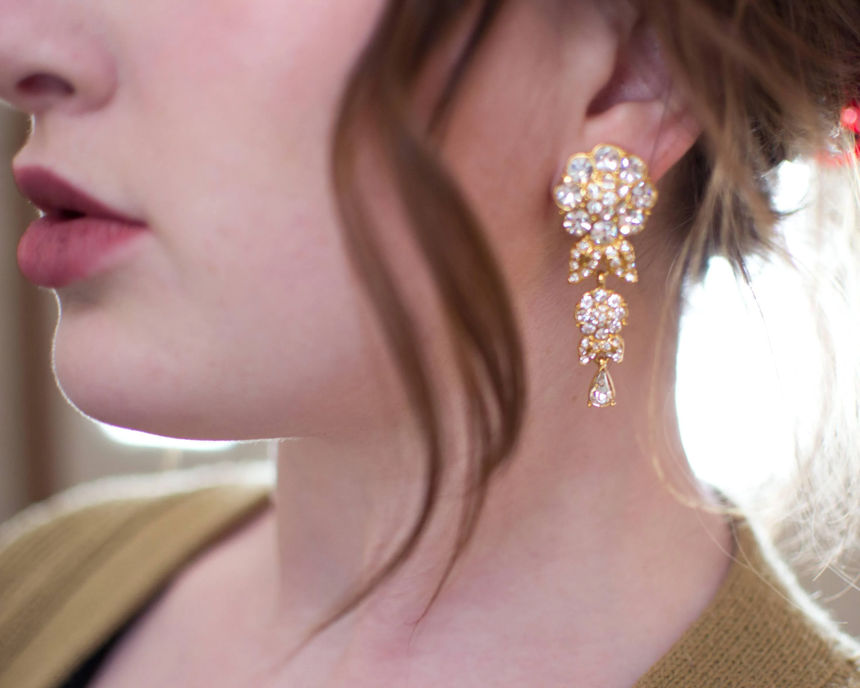 Vintage Camelia Flower Crystal Rhinestones Dangling Statement Earrings, Clip On