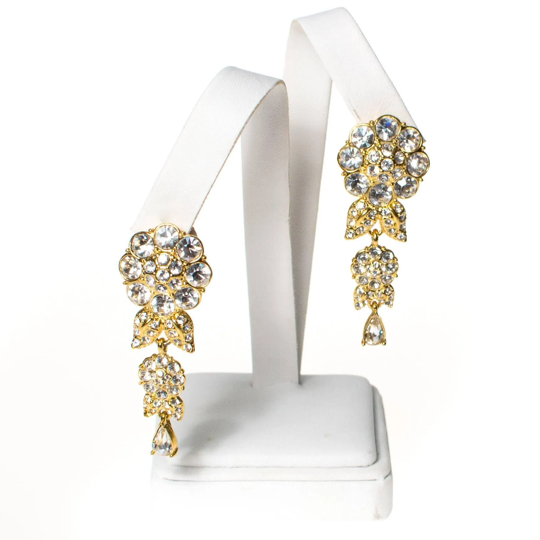 Vintage Camelia Flower Crystal Rhinestones Dangling Statement Earrings, Clip On