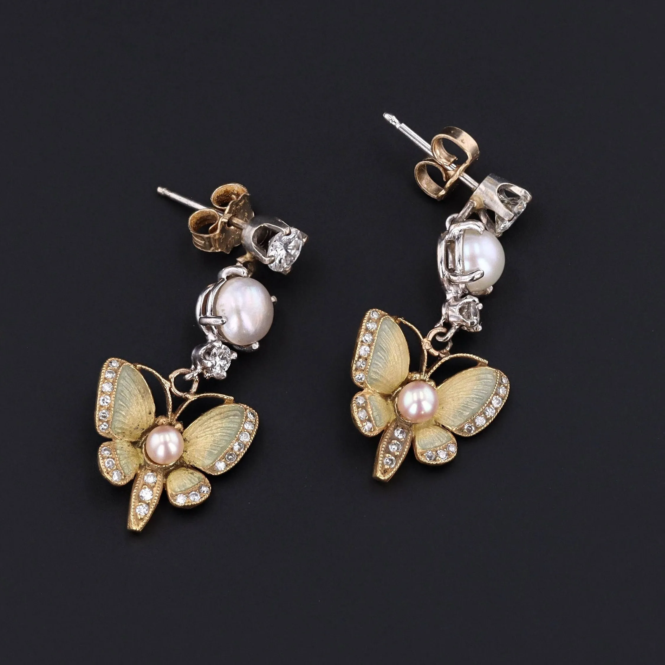 Vintage Enamel Diamond and Pearl Butterfly Earrings