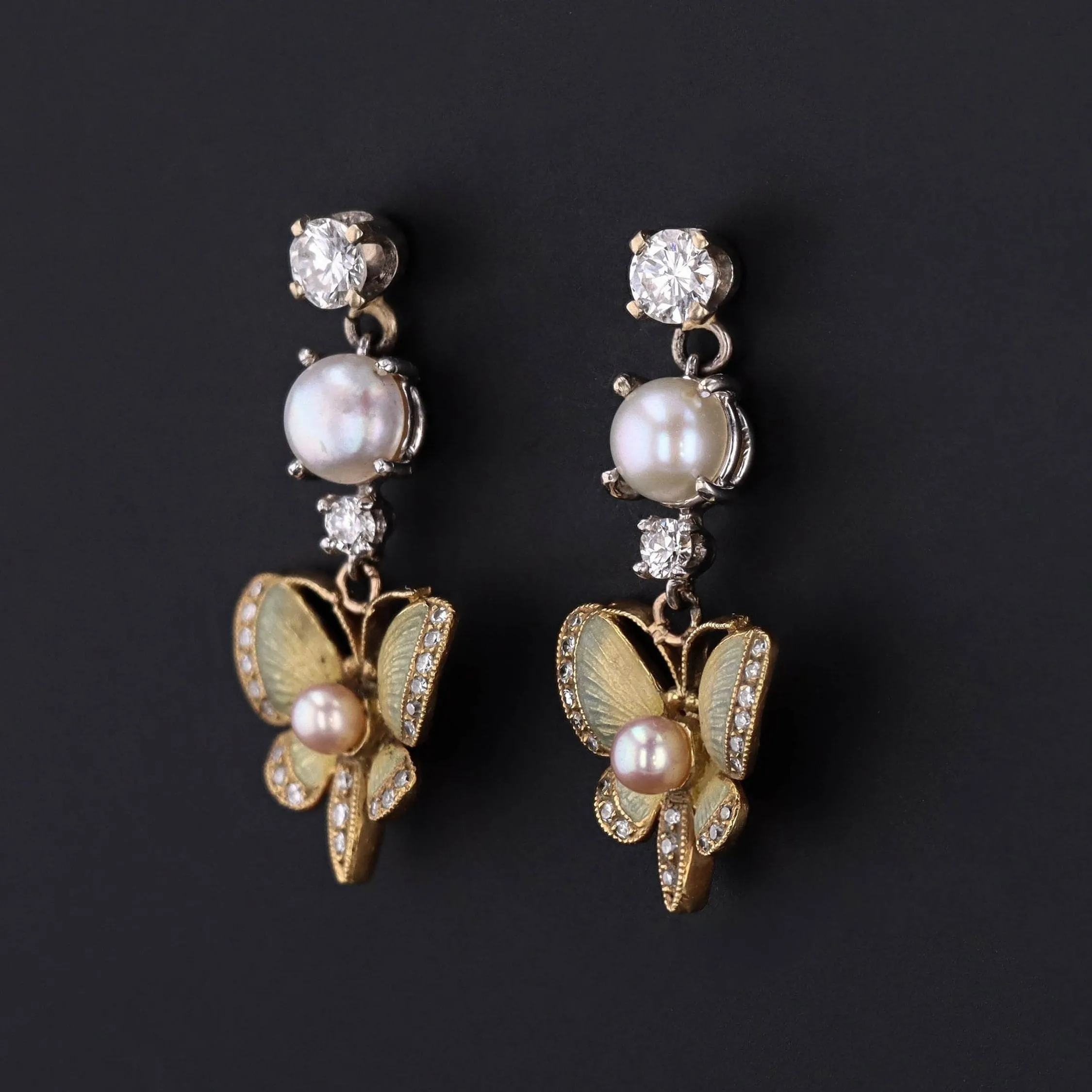 Vintage Enamel Diamond and Pearl Butterfly Earrings