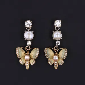 Vintage Enamel Diamond and Pearl Butterfly Earrings