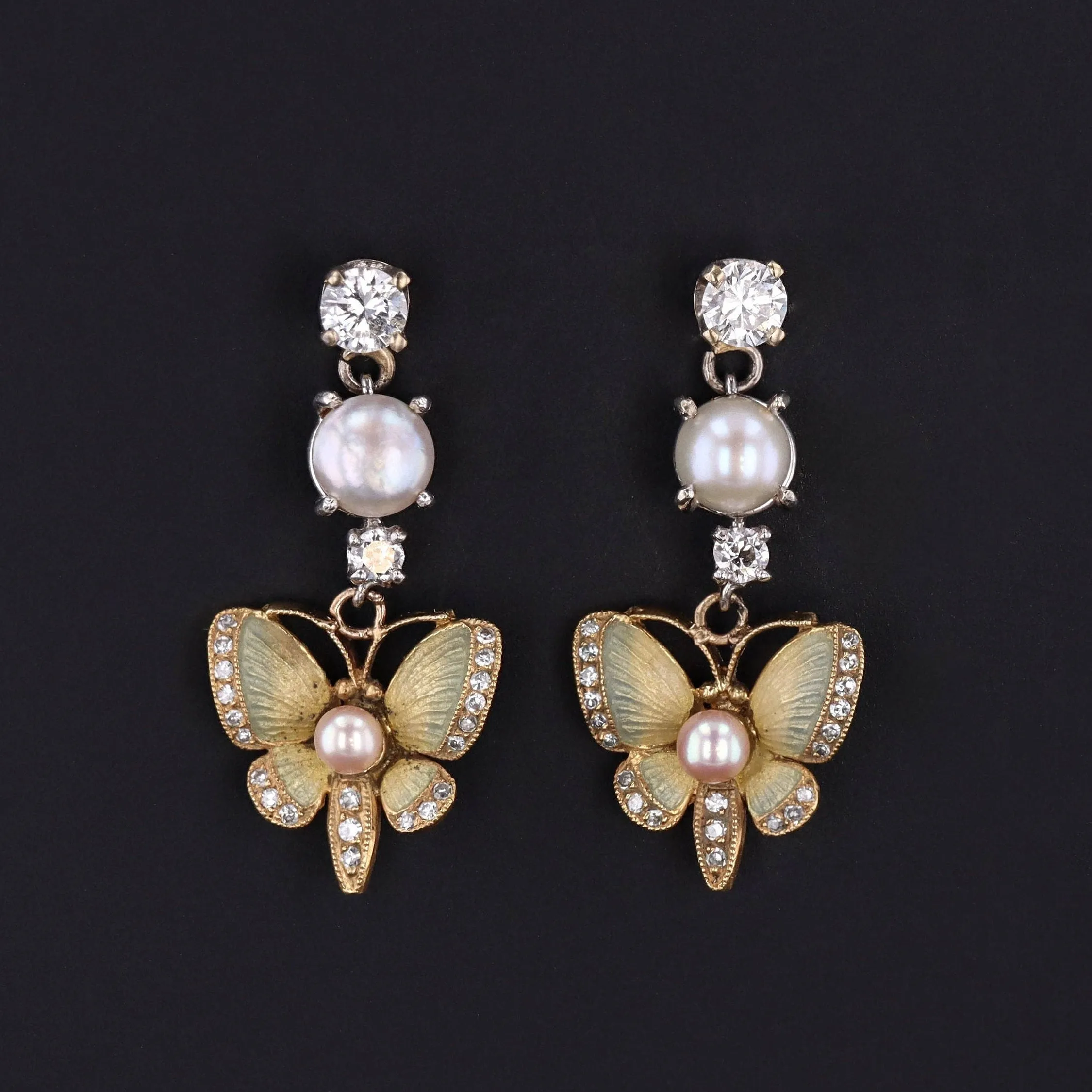 Vintage Enamel Diamond and Pearl Butterfly Earrings