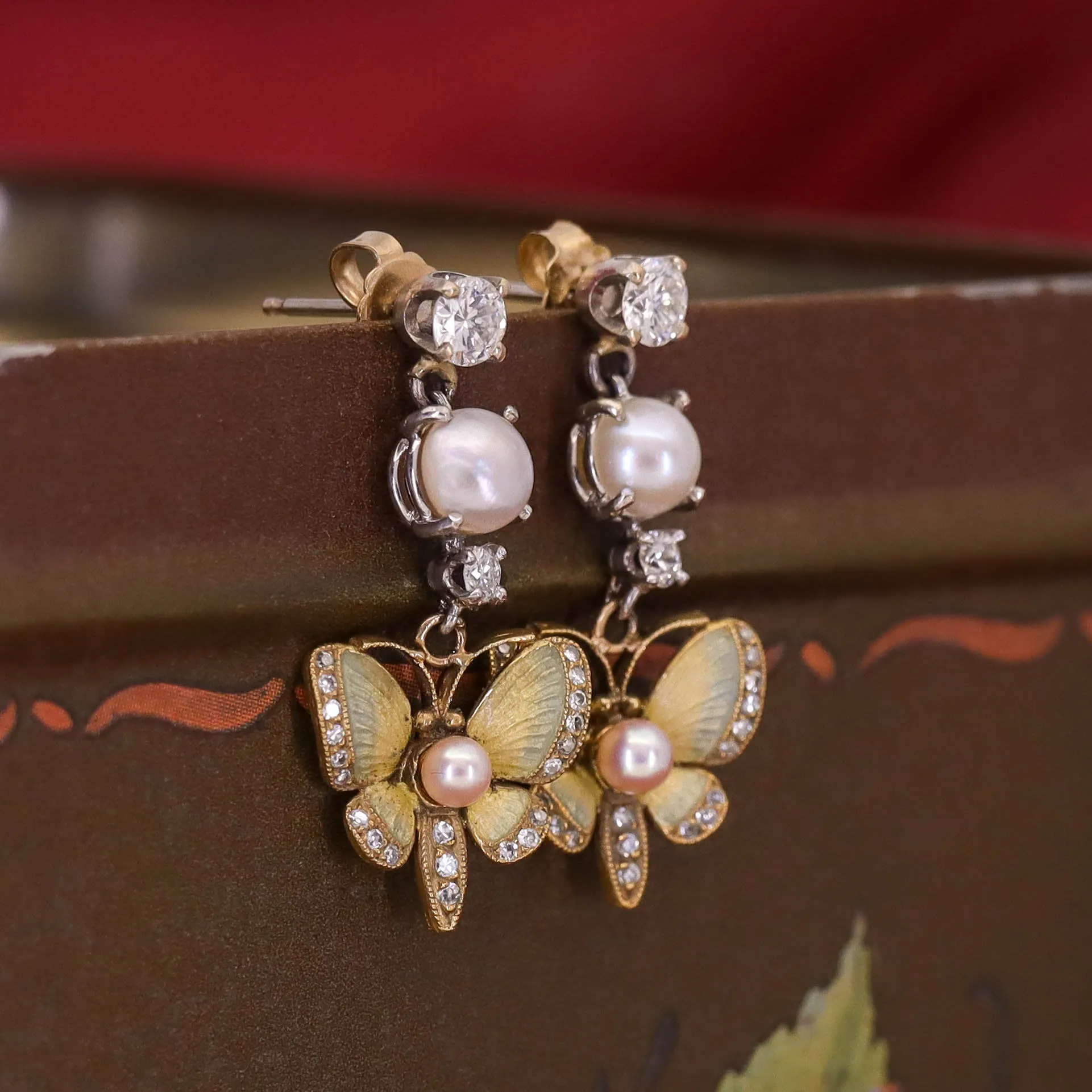 Vintage Enamel Diamond and Pearl Butterfly Earrings