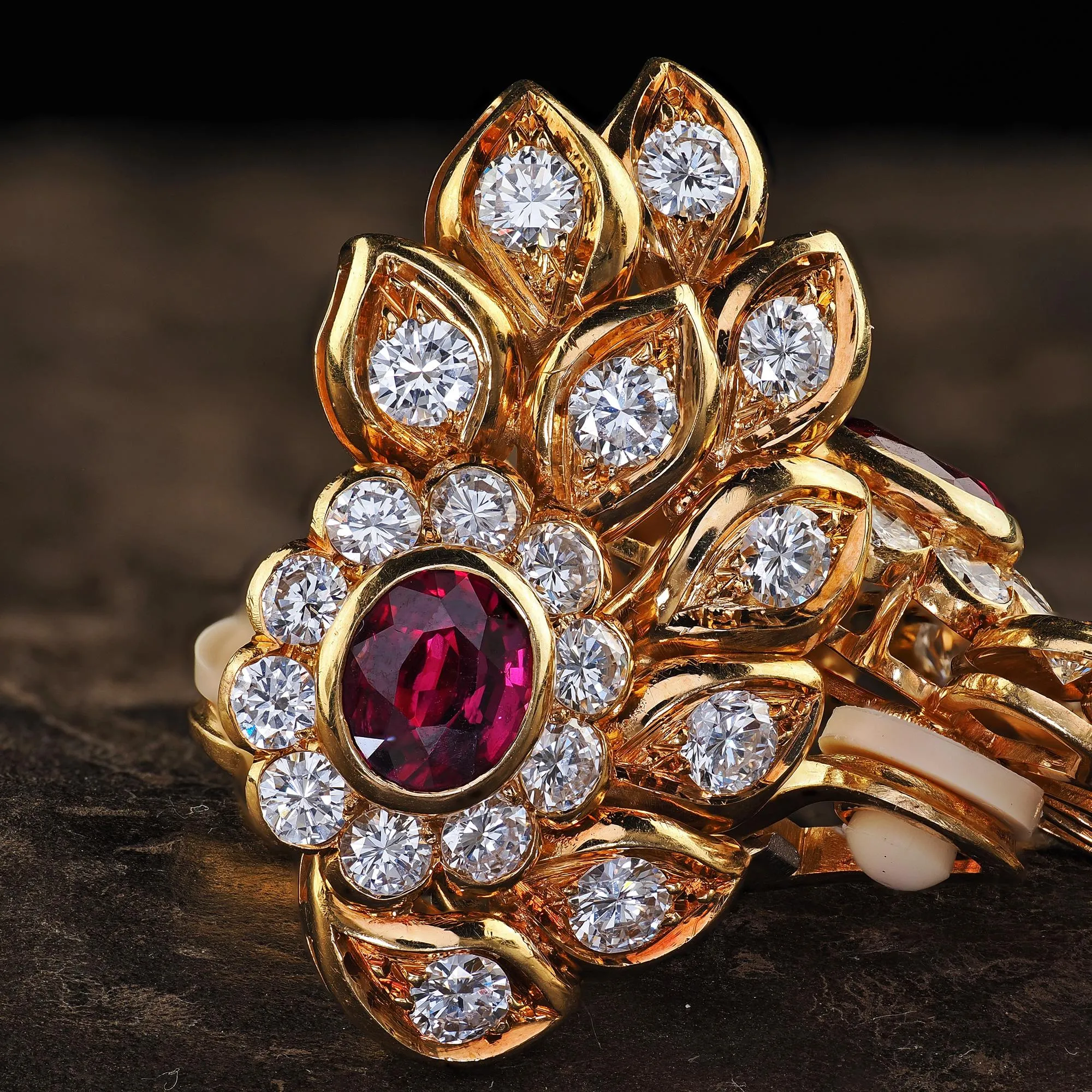 Vintage Estate 18K Yellow Gold Diamond and Ruby Floral Clip On Earrings