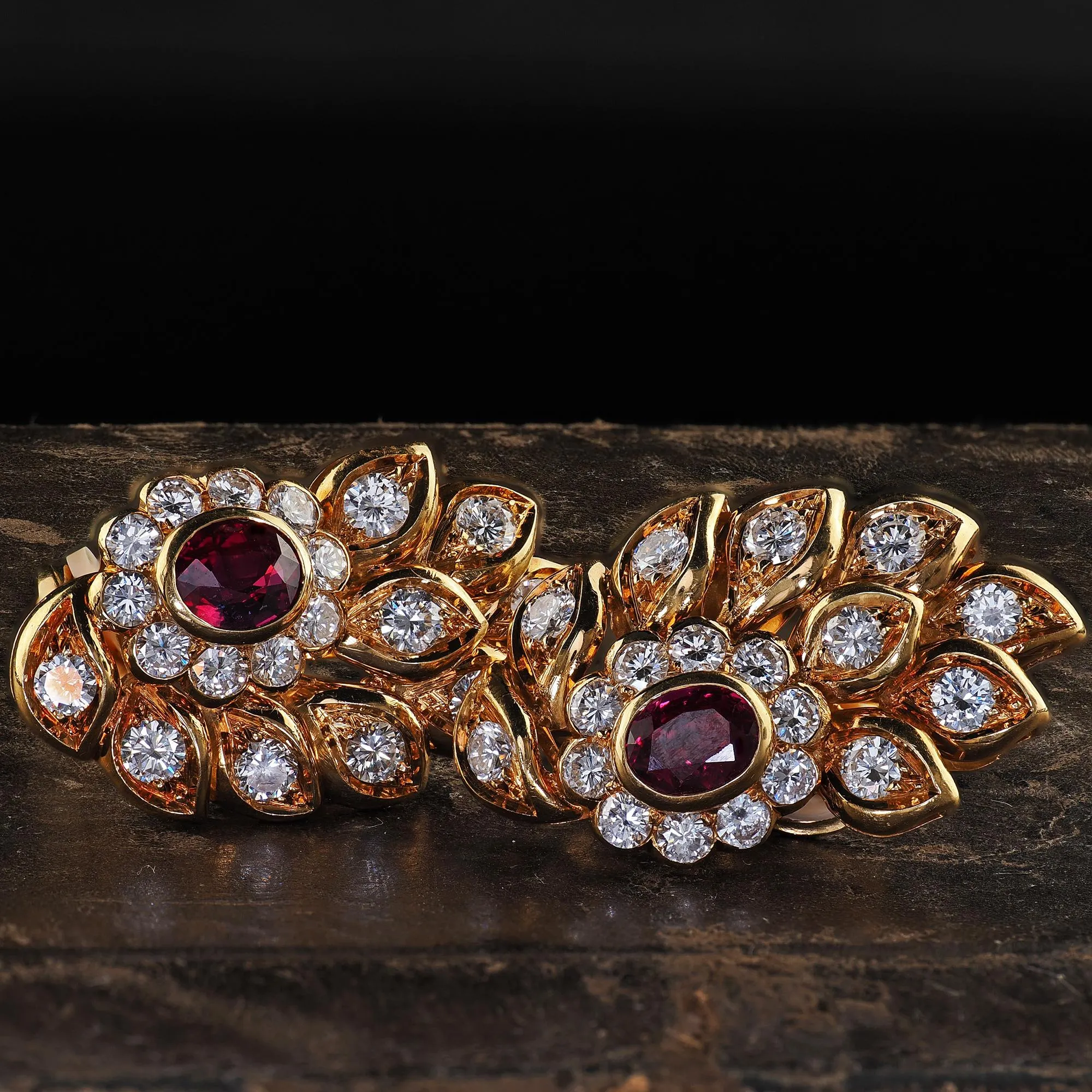 Vintage Estate 18K Yellow Gold Diamond and Ruby Floral Clip On Earrings