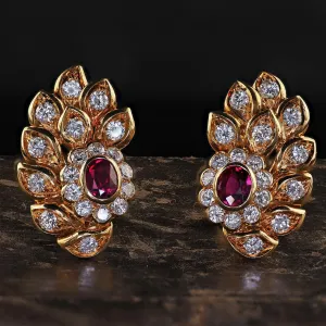Vintage Estate 18K Yellow Gold Diamond and Ruby Floral Clip On Earrings