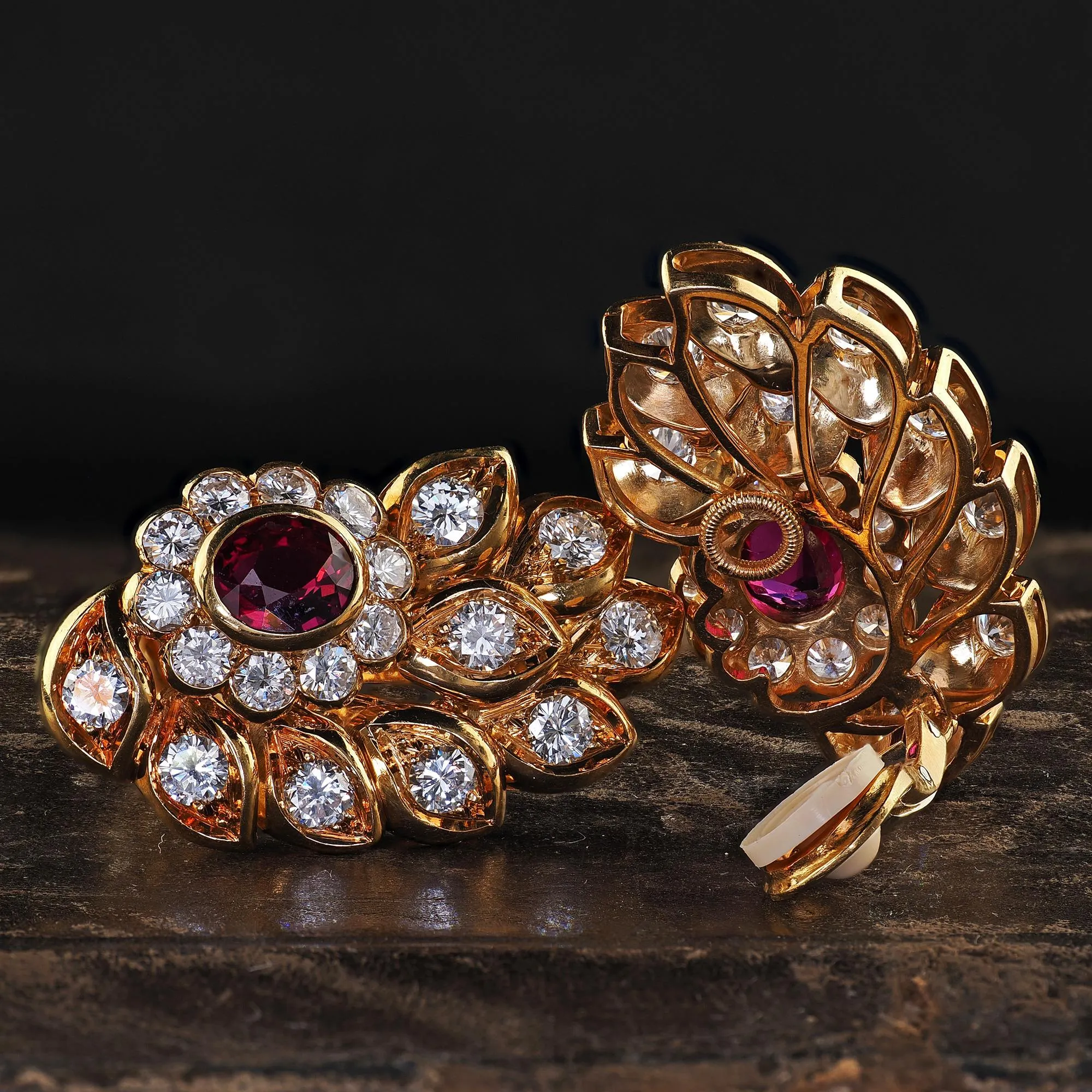 Vintage Estate 18K Yellow Gold Diamond and Ruby Floral Clip On Earrings