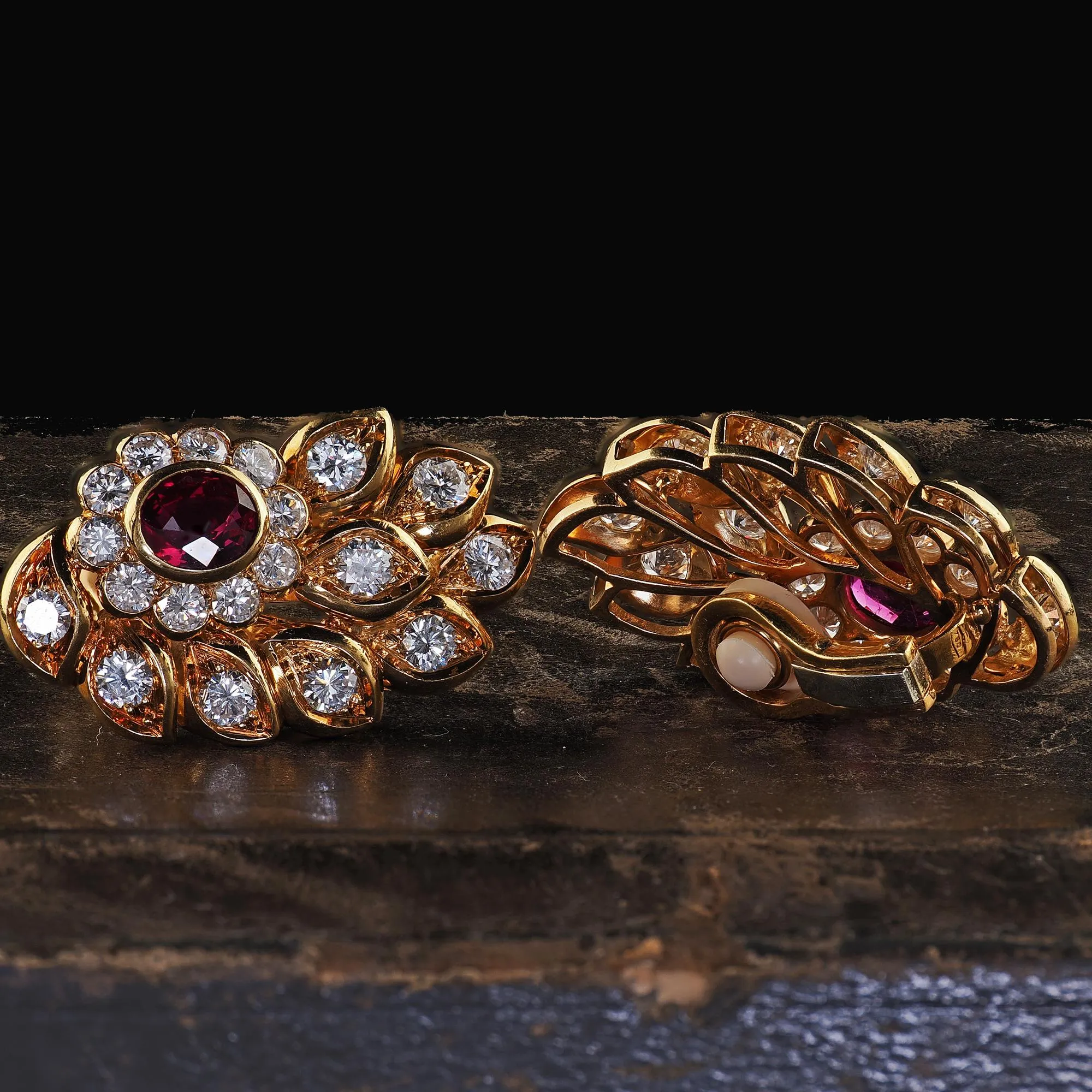 Vintage Estate 18K Yellow Gold Diamond and Ruby Floral Clip On Earrings
