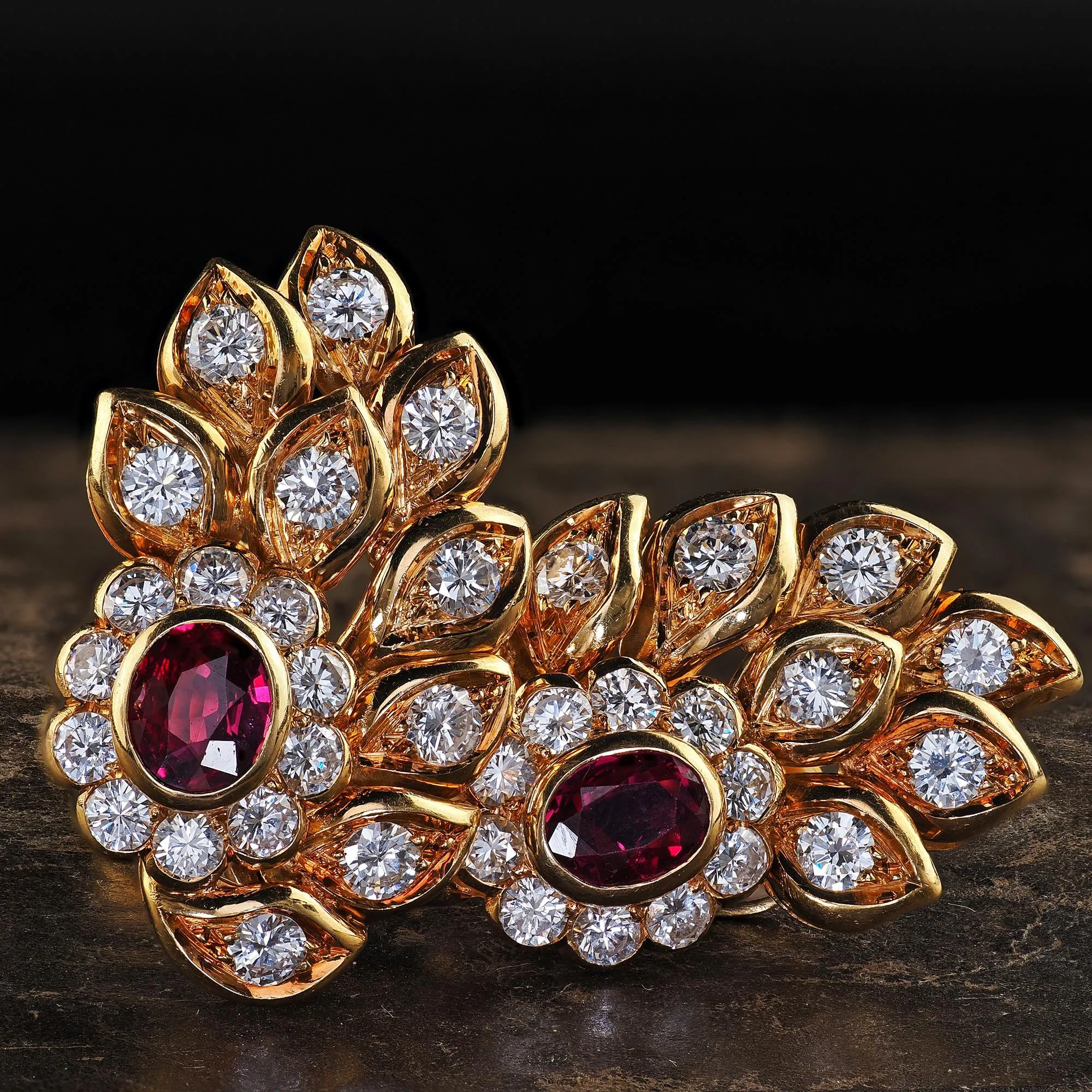 Vintage Estate 18K Yellow Gold Diamond and Ruby Floral Clip On Earrings