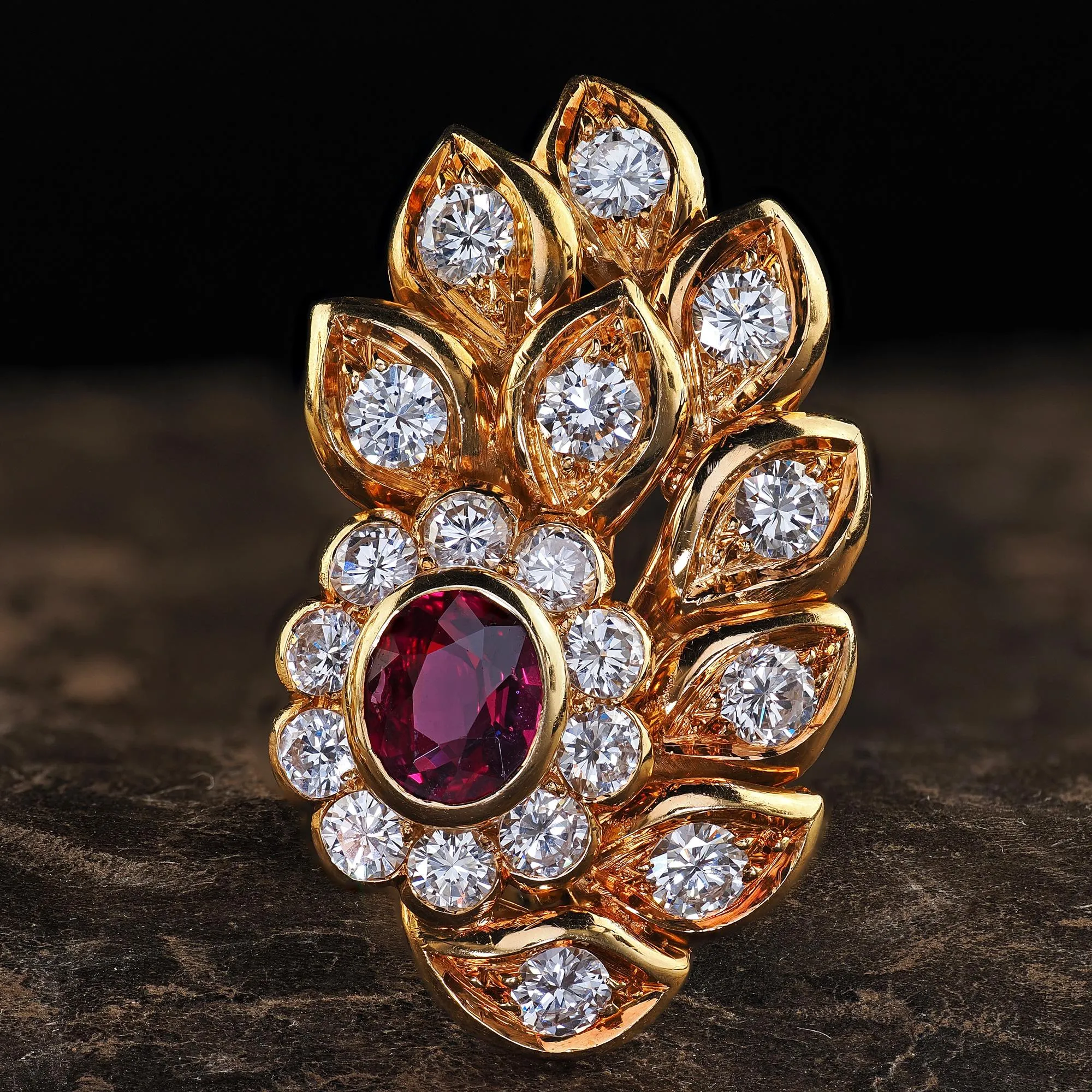 Vintage Estate 18K Yellow Gold Diamond and Ruby Floral Clip On Earrings