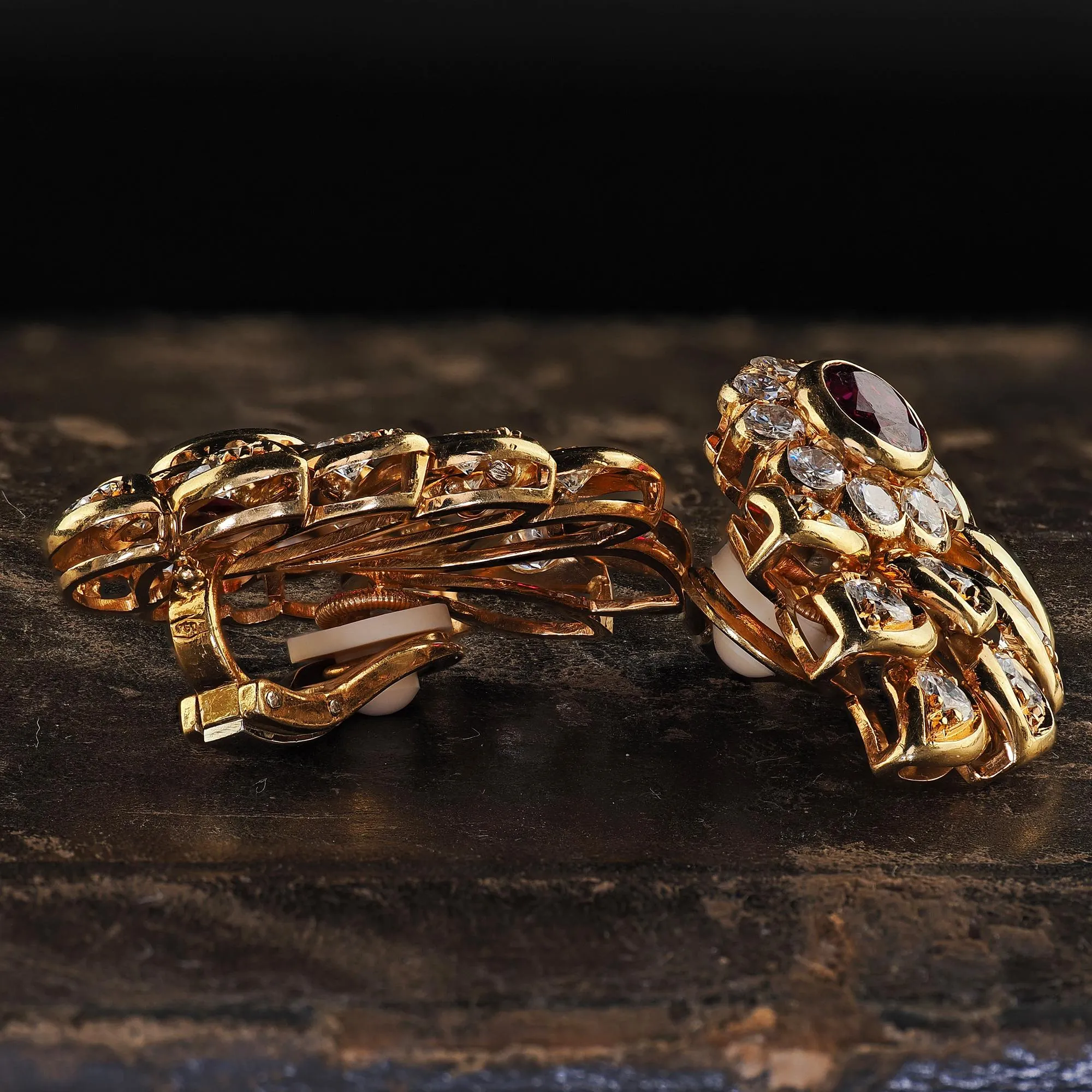 Vintage Estate 18K Yellow Gold Diamond and Ruby Floral Clip On Earrings