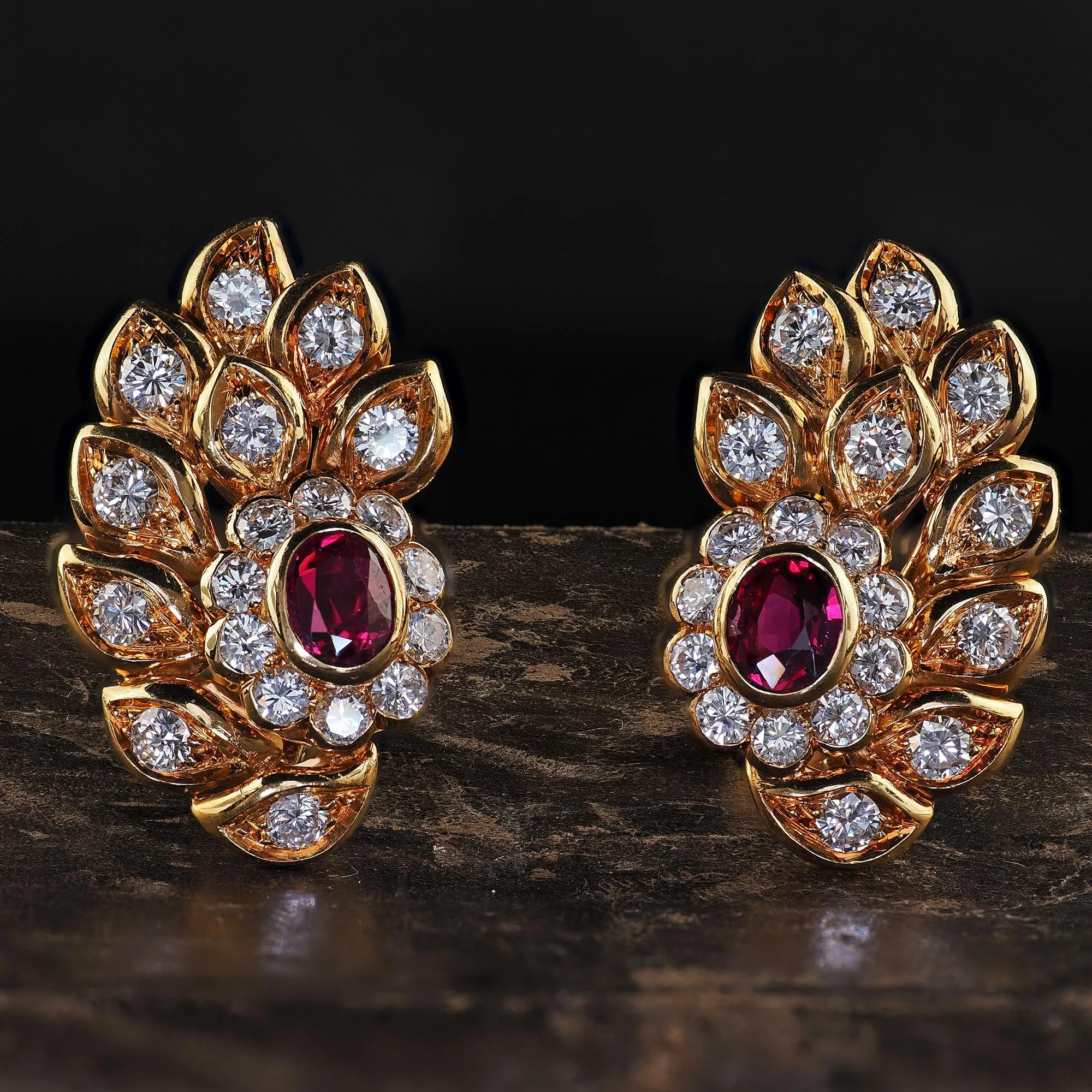 Vintage Estate 18K Yellow Gold Diamond and Ruby Floral Clip On Earrings