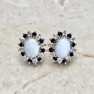 Vintage Opal, Sapphire & Diamond Halo Stud Earrings