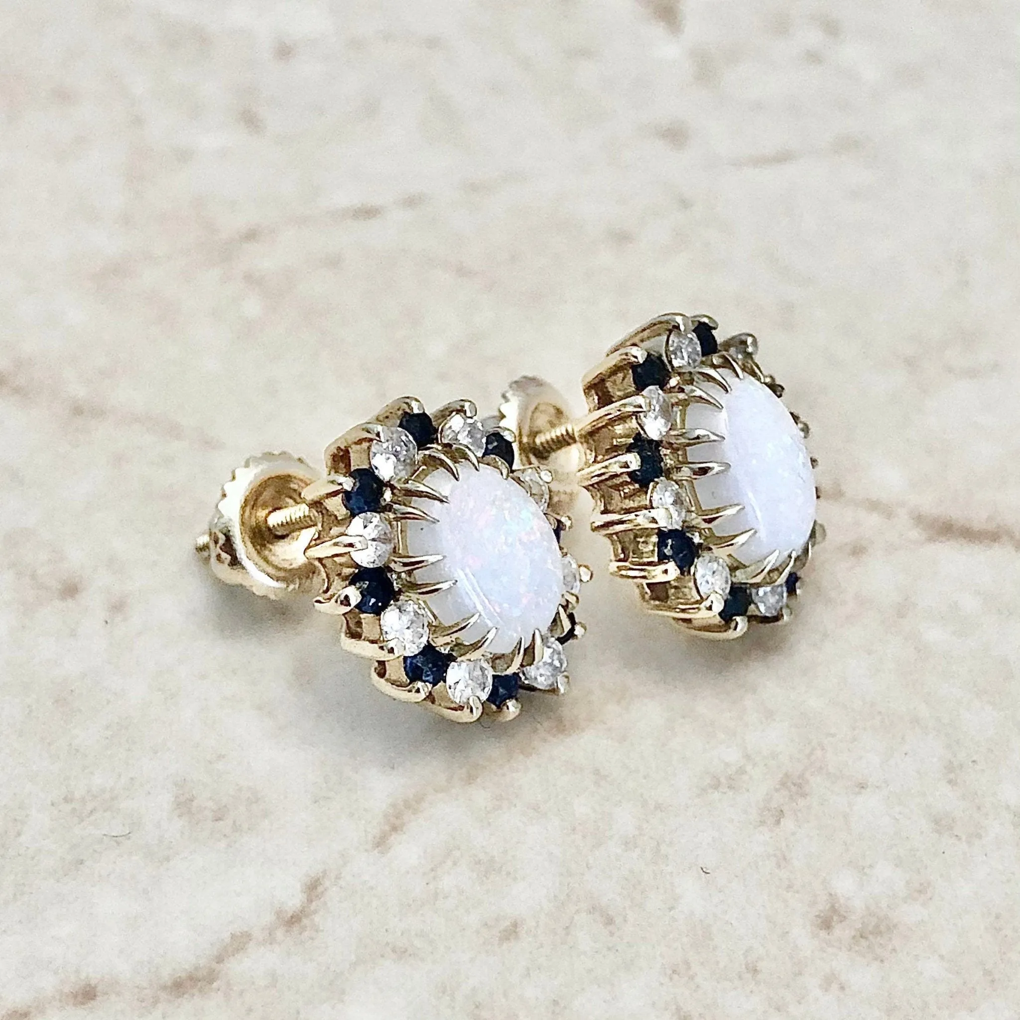 Vintage Opal, Sapphire & Diamond Halo Stud Earrings