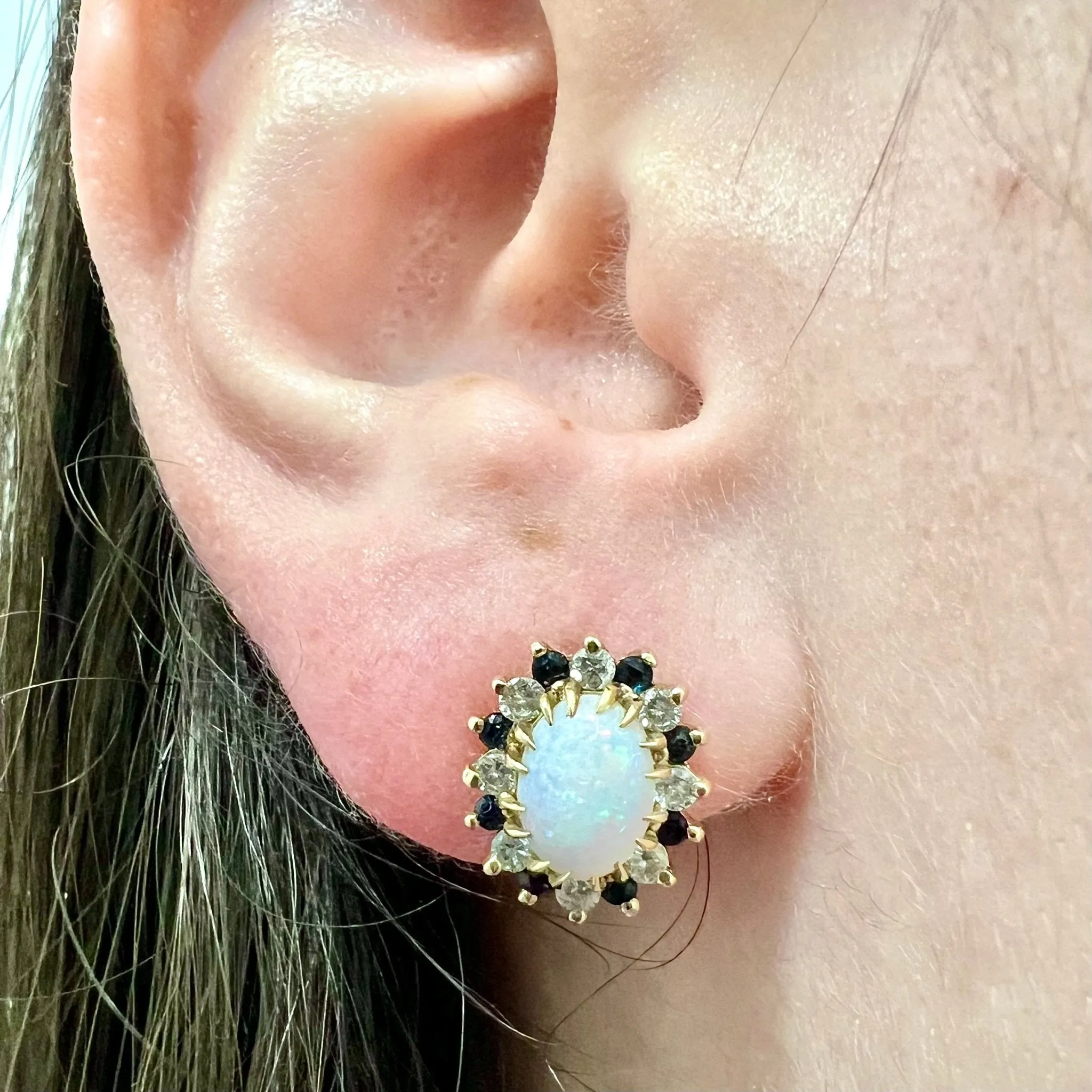 Vintage Opal, Sapphire & Diamond Halo Stud Earrings