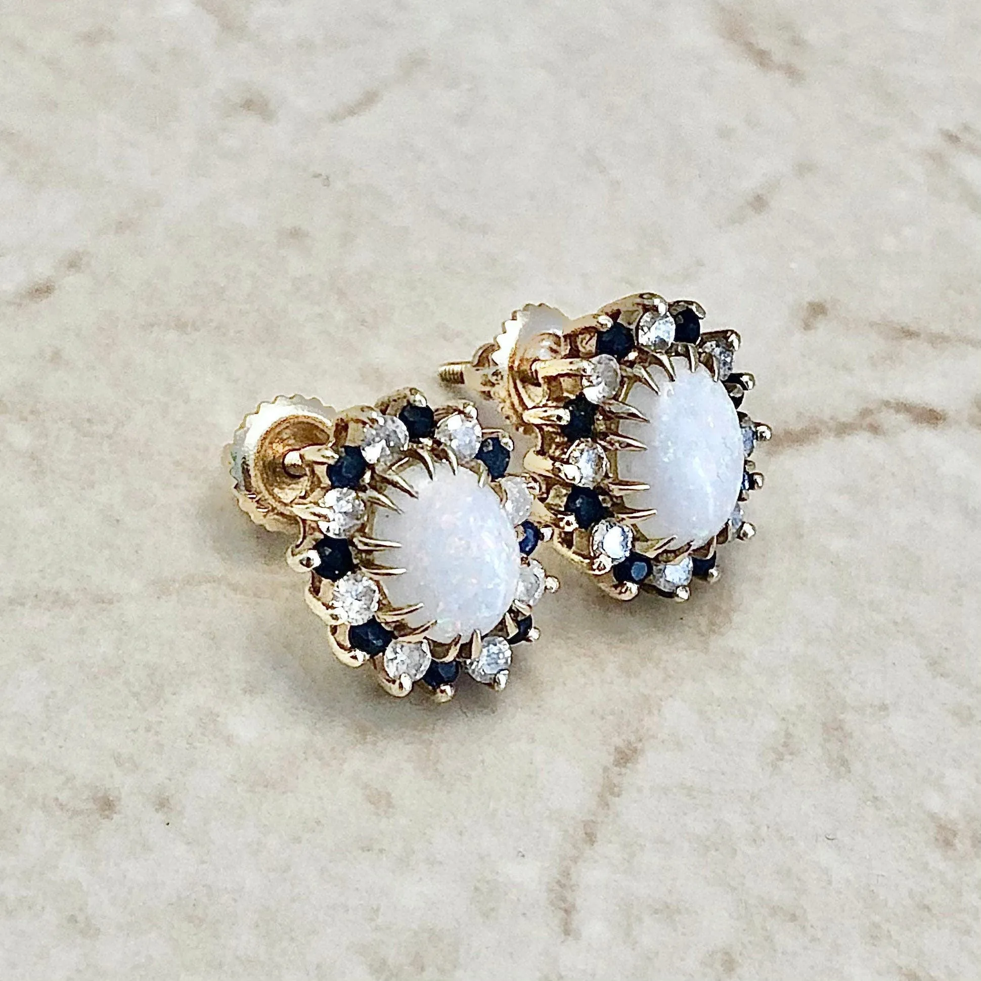 Vintage Opal, Sapphire & Diamond Halo Stud Earrings