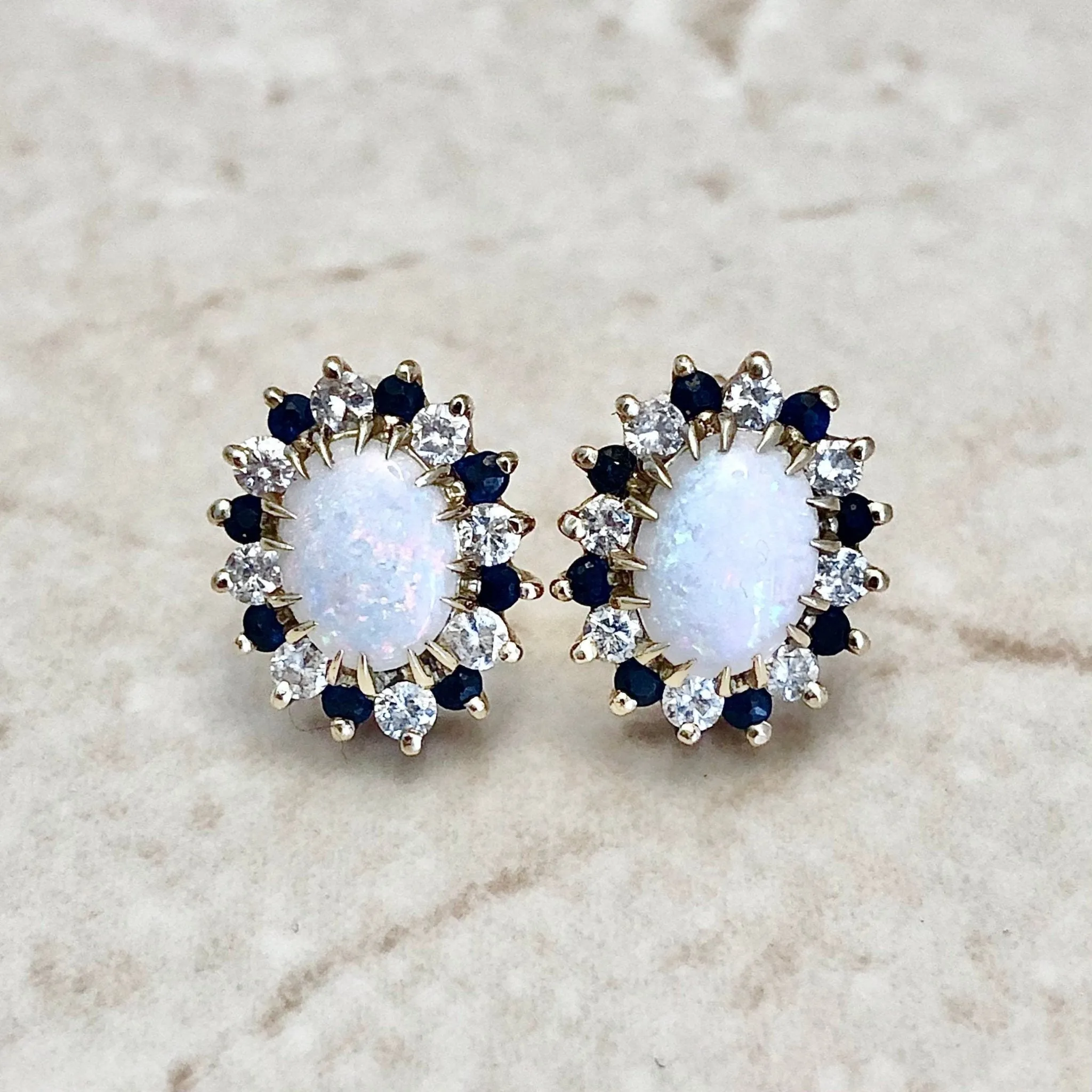 Vintage Opal, Sapphire & Diamond Halo Stud Earrings