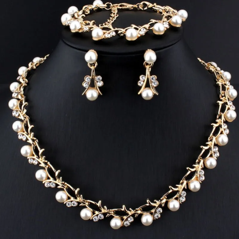 Vintage Pearl Bridal Jewelry Sets Necklace Earring for Women Party Gift Costume