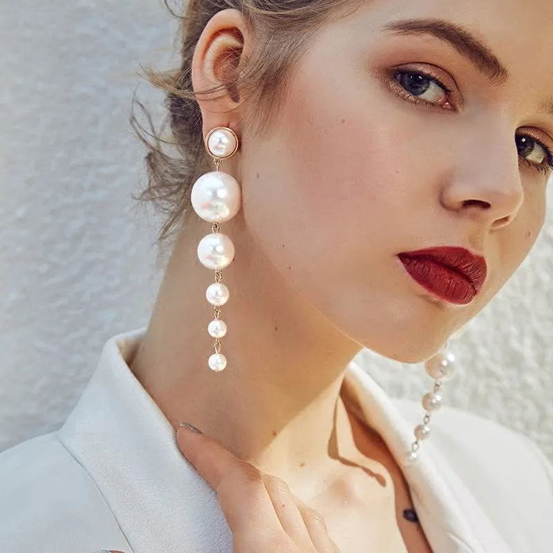 Vintage Pearl Long Drop Earrings