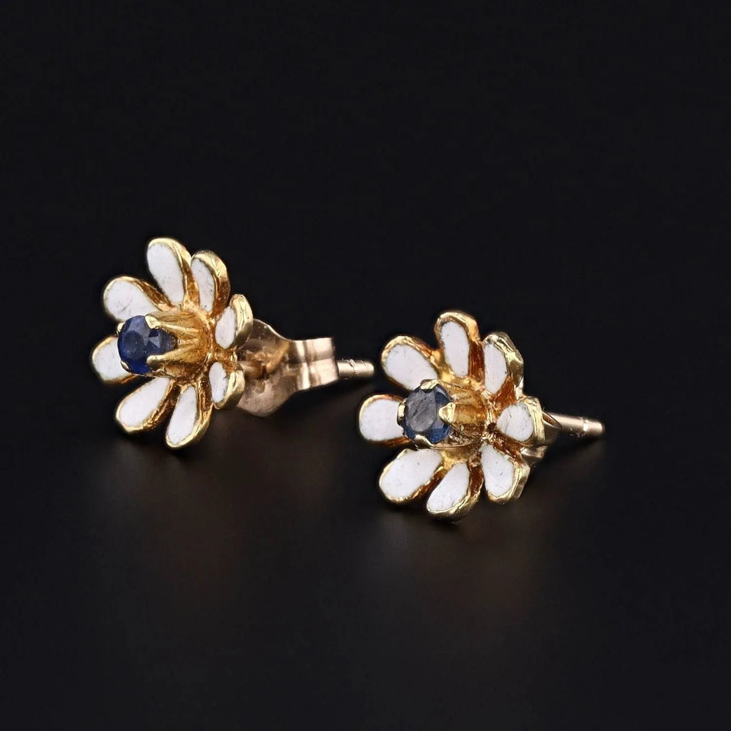 Vintage Sapphire and Enamel Flower Earrings of 14k Gold