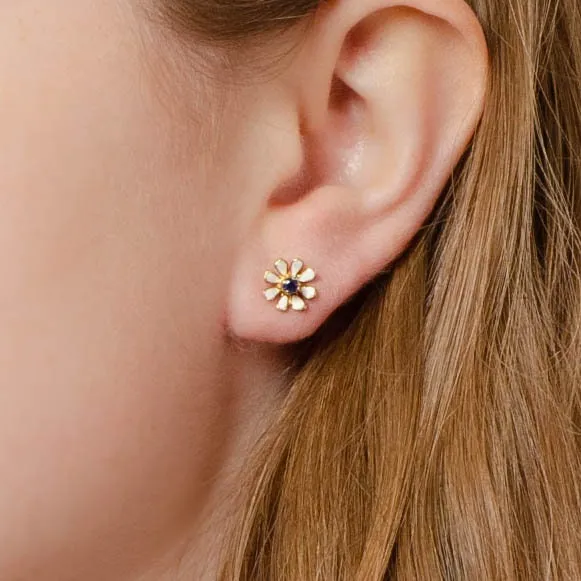 Vintage Sapphire and Enamel Flower Earrings of 14k Gold