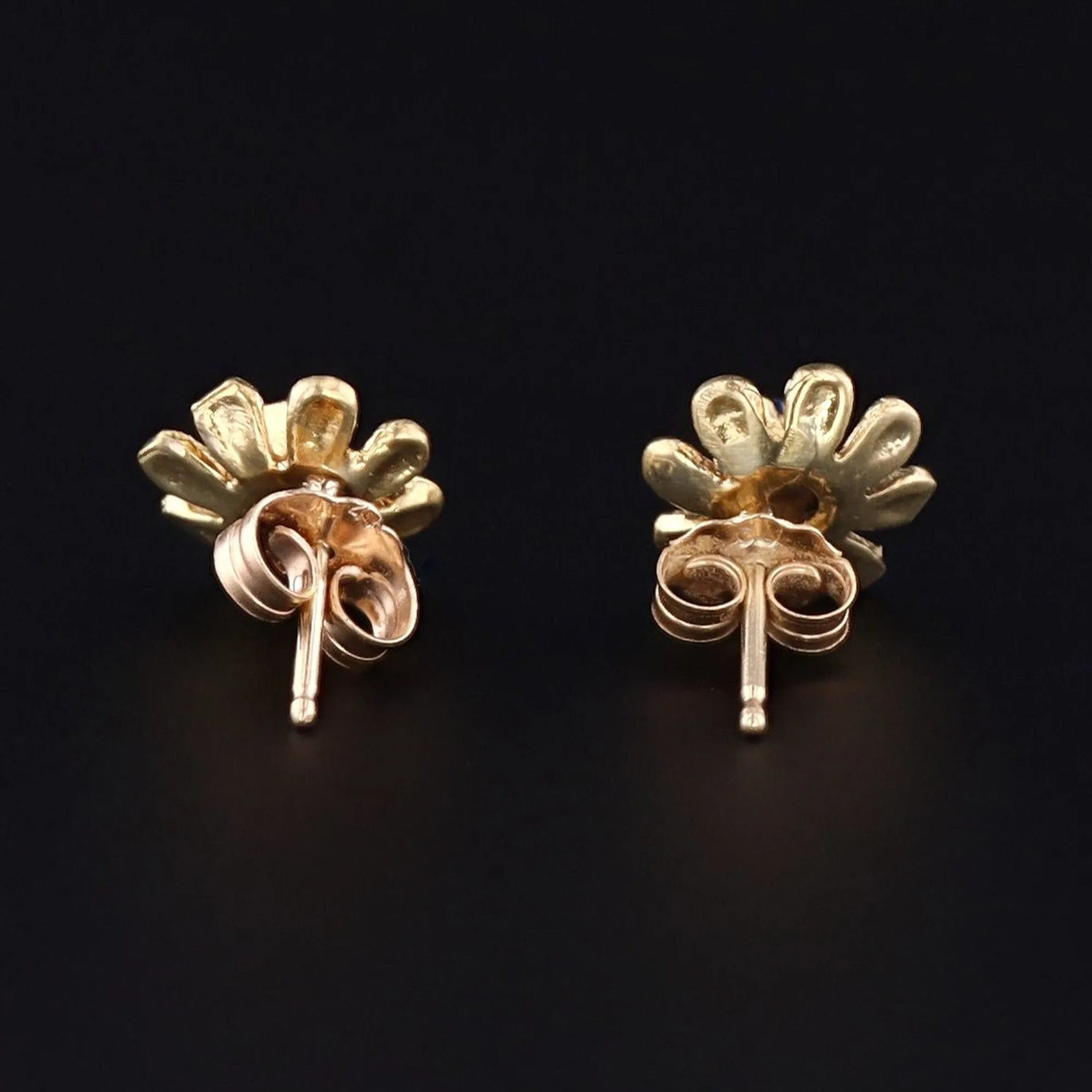 Vintage Sapphire and Enamel Flower Earrings of 14k Gold