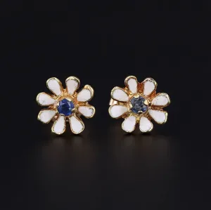 Vintage Sapphire and Enamel Flower Earrings of 14k Gold