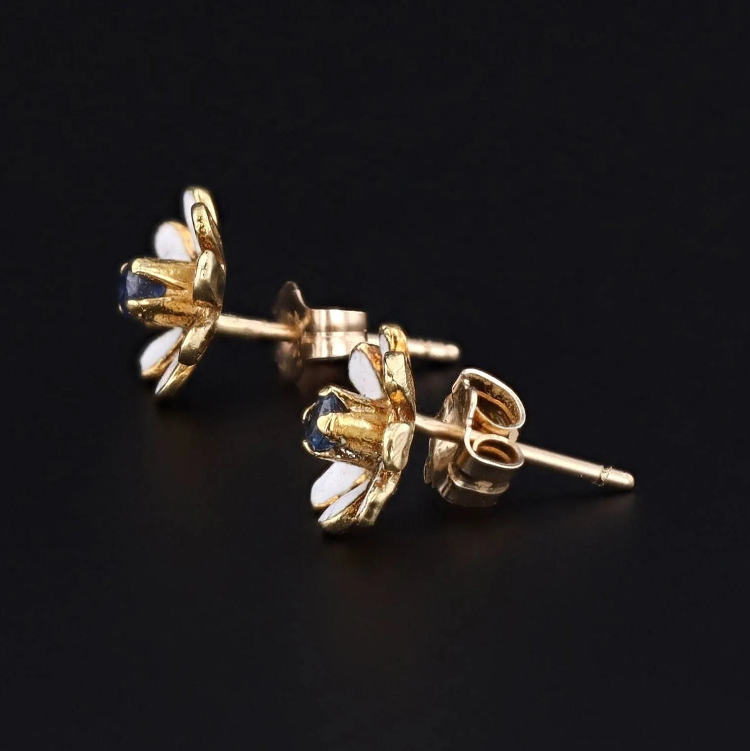 Vintage Sapphire and Enamel Flower Earrings of 14k Gold