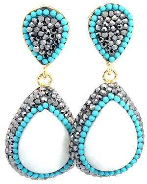 White Agate Turquoise Teardrop Gemstone Crystal Drop Earrings