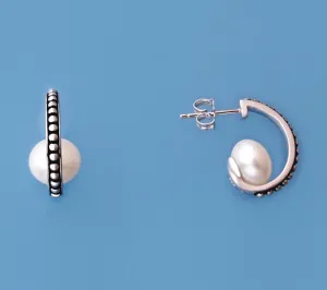 White and Black Plated Silver Earrings with 8.5-9mm Button Shape Freshwater Pearl